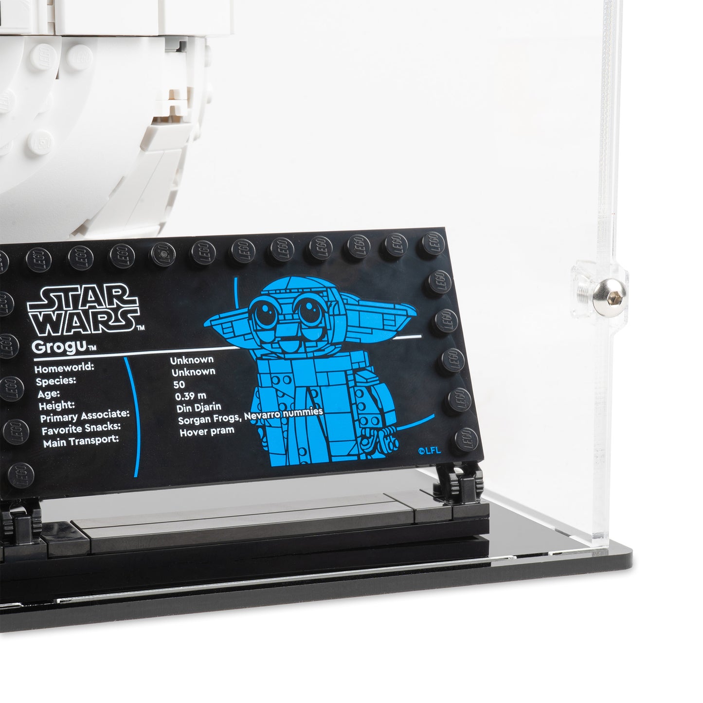 Fitting detail view of LEGO 75403 Grogu with Hover Pram Display Case.