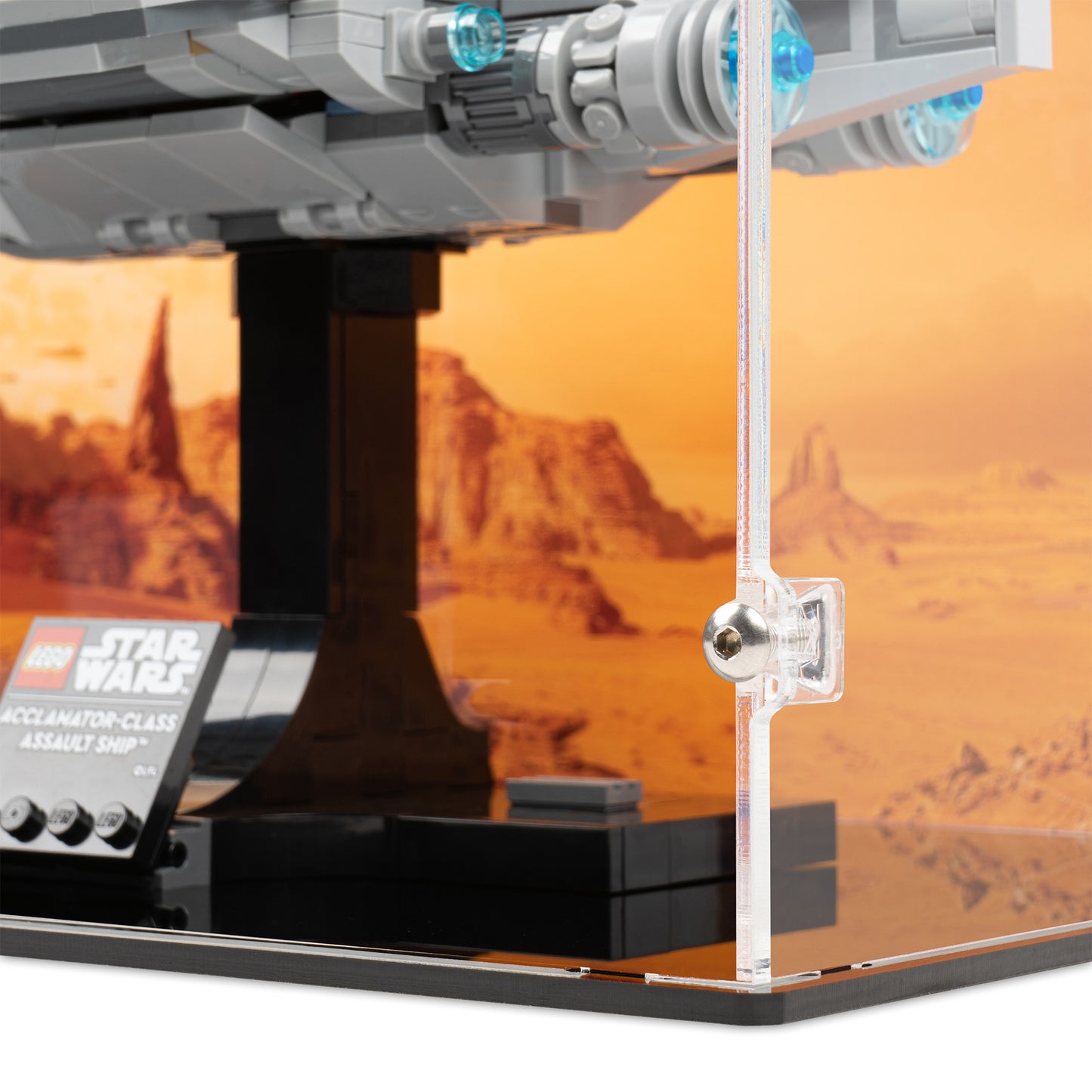 Fitting detail view of LEGO 75404 Acclamator-Class Assault Ship Display Case with a UV printed background.