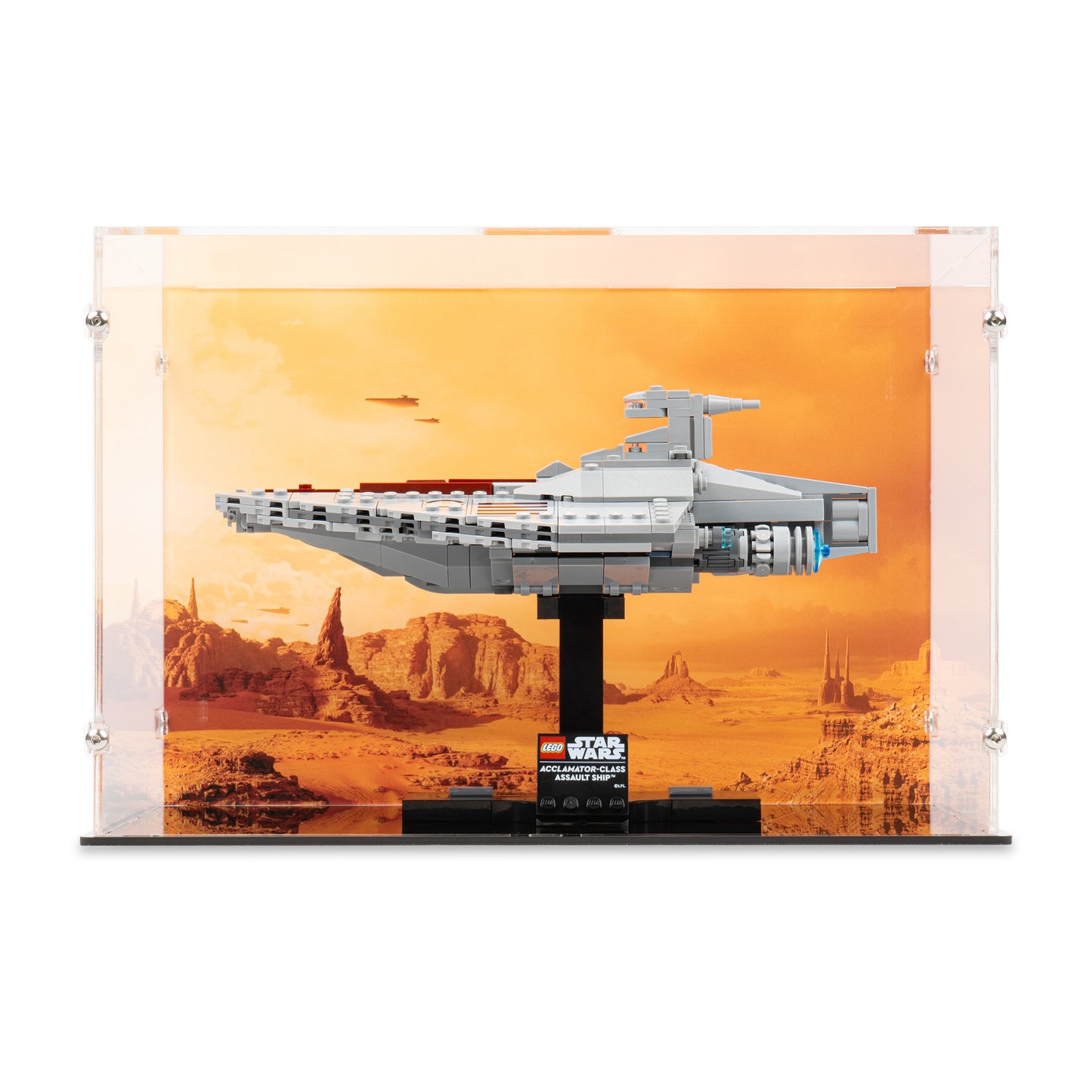 Front view of LEGO 75404 Acclamator-Class Assault Ship Display Case with a UV printed background.
