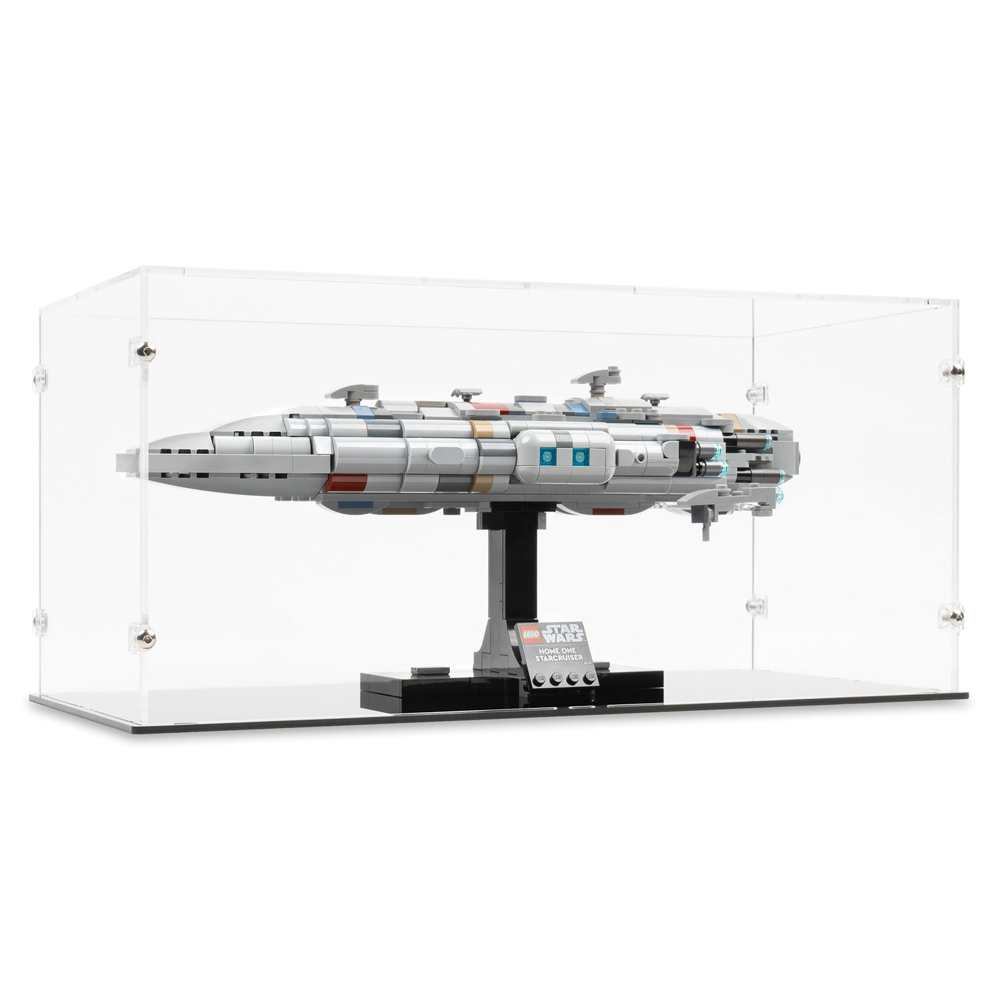 Angled view of LEGO 75405 Home One Starcruiser Display Case.