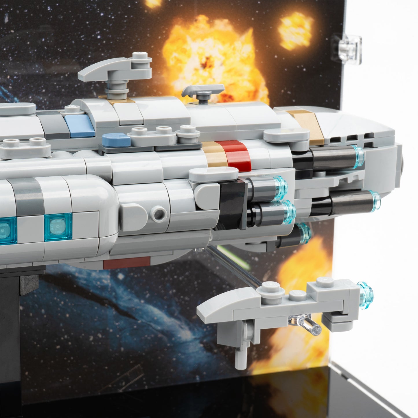 Frigate detail view of LEGO 75405 Home One Starcruiser Display Case with a UV printed background.
