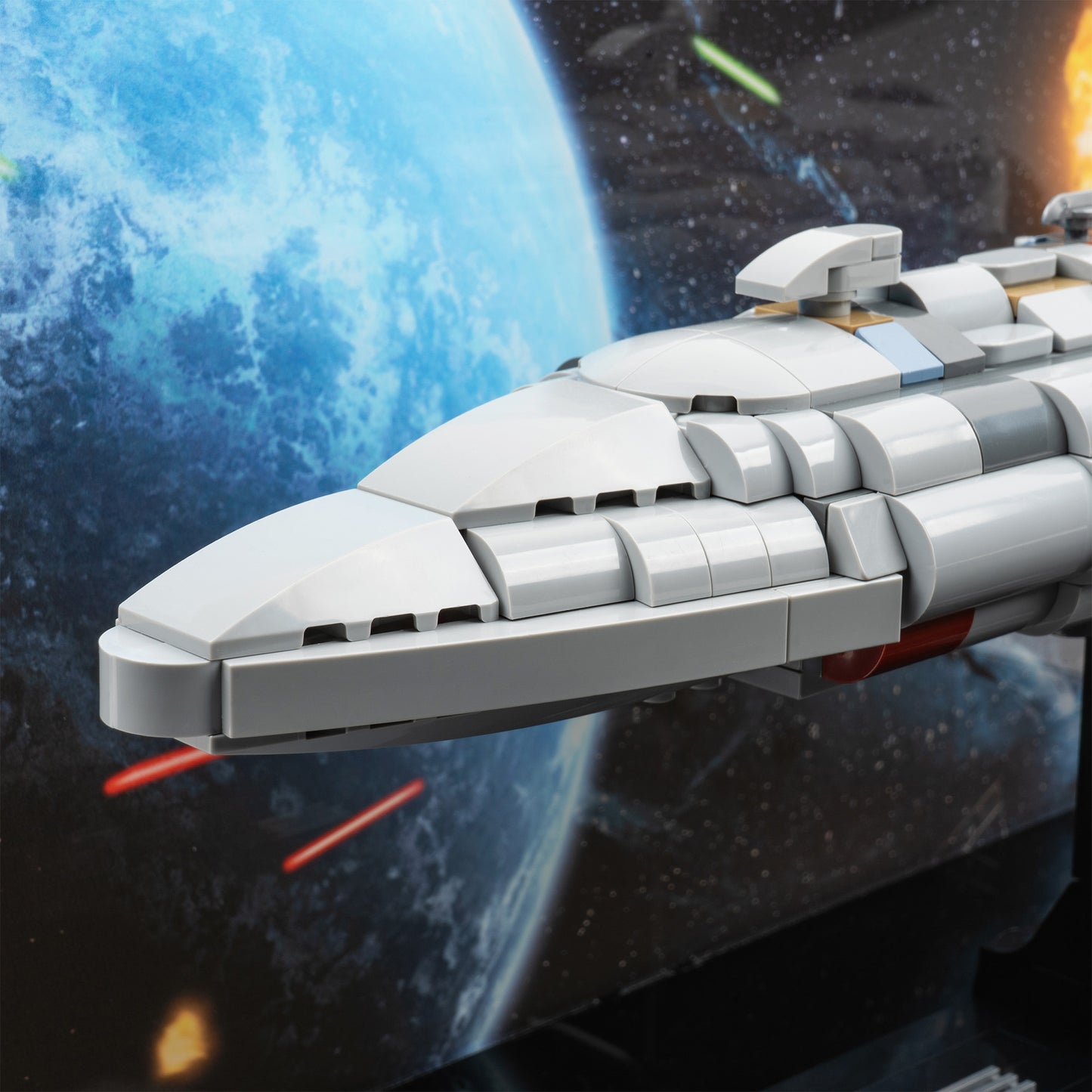 Nose detail view of LEGO 75405 Home One Starcruiser Display Case with a UV printed background.