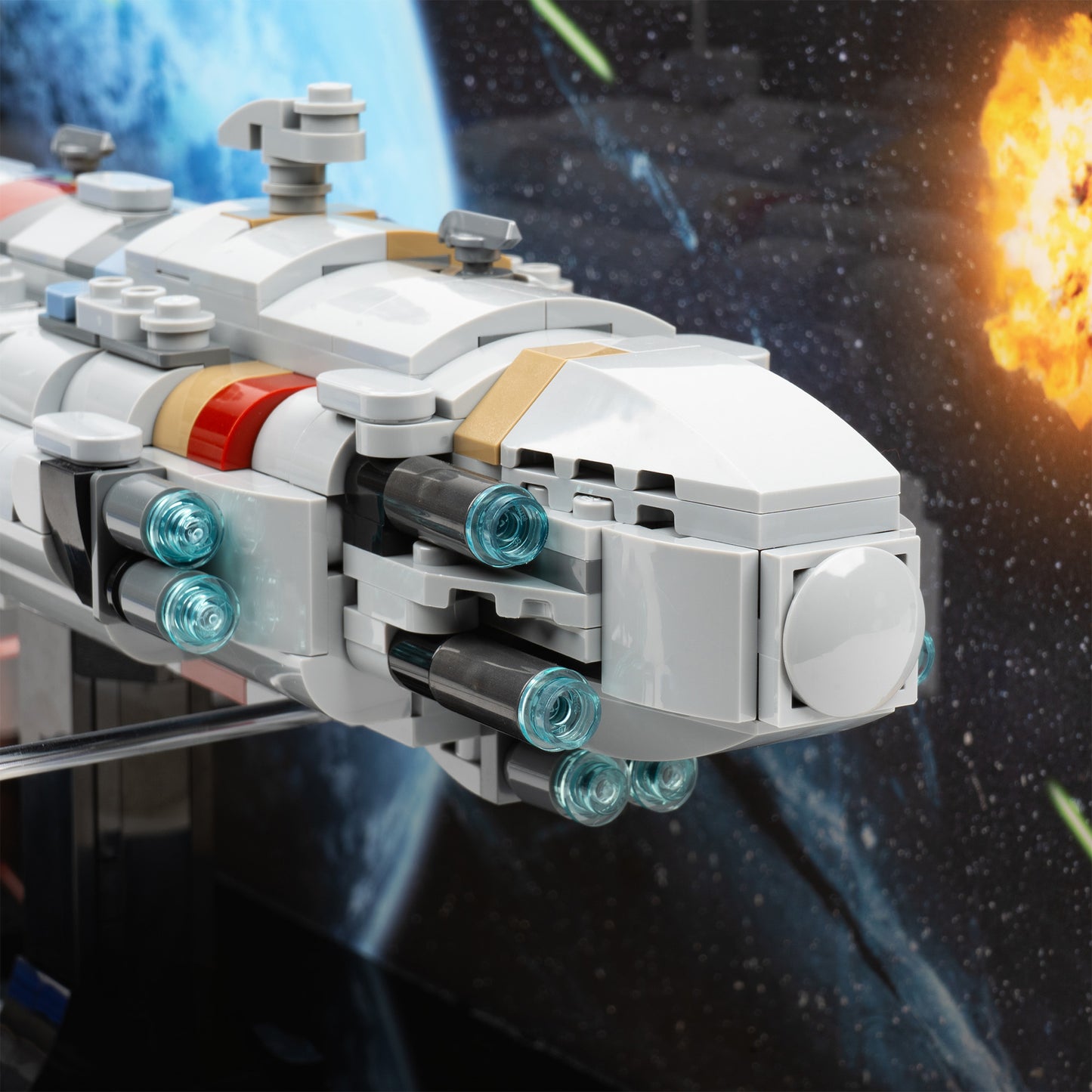 Hyperdrive detail view of LEGO 75405 Home One Starcruiser Display Case with a UV printed background.