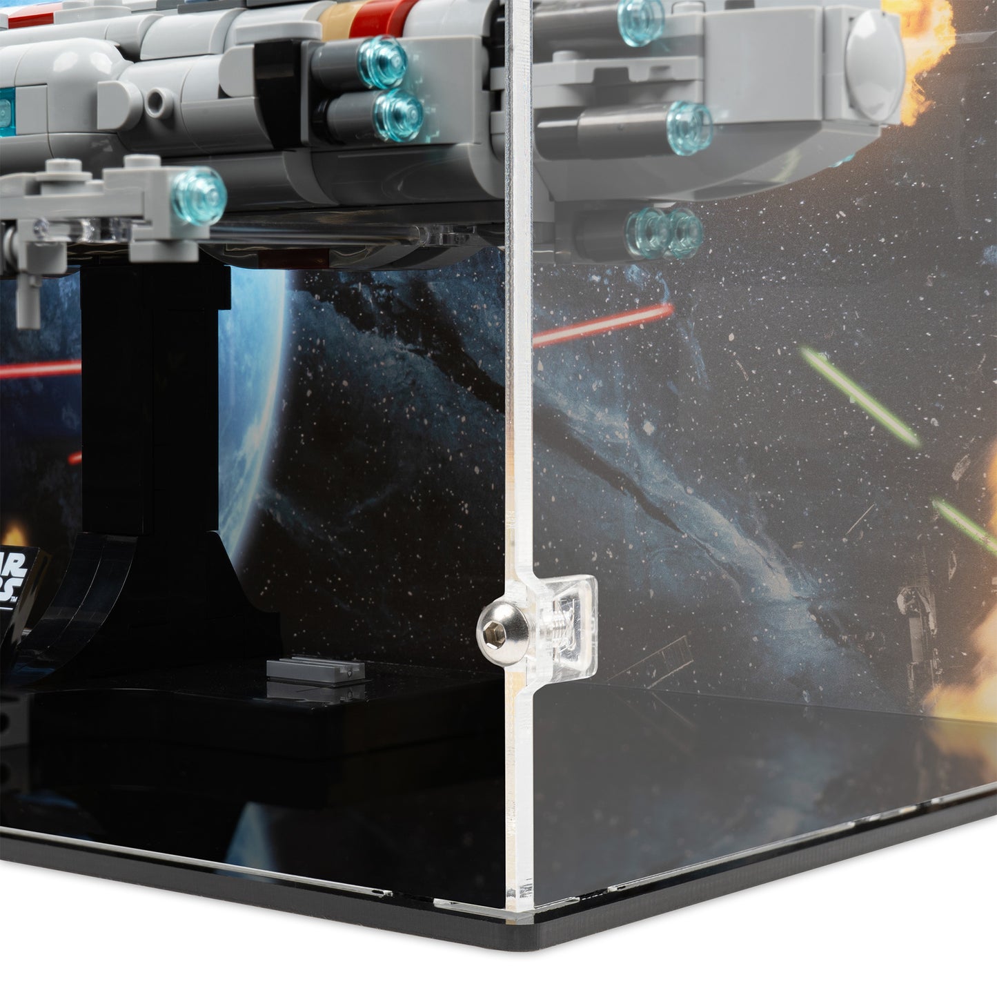 Fitting detail view of LEGO 75405 Home One Starcruiser Display Case with a UV printed background.