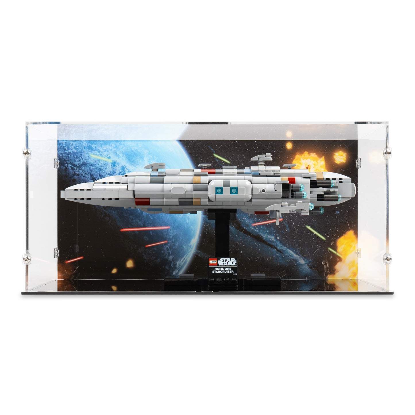 Front view of LEGO 75405 Home One Starcruiser Display Case with a UV printed background.