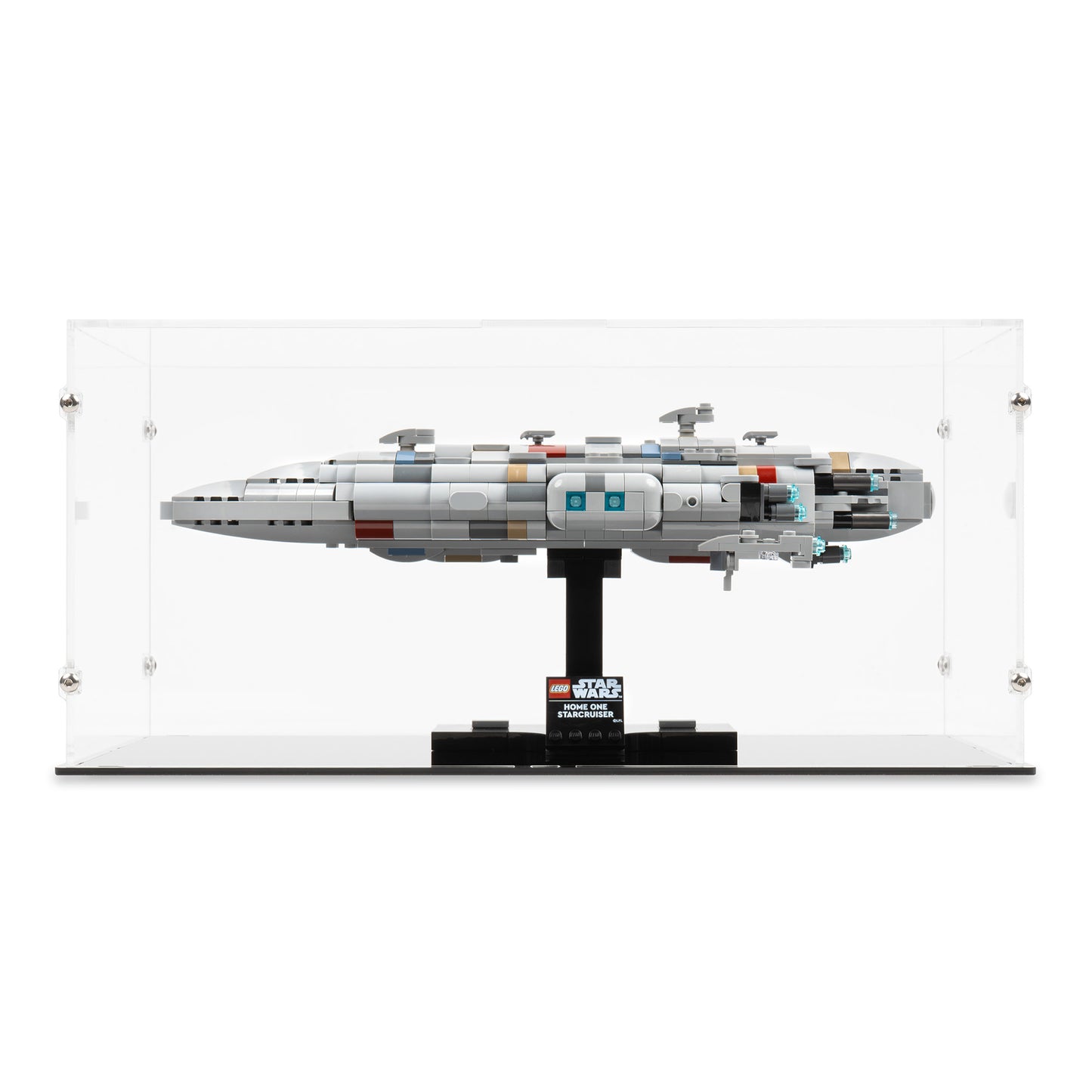 Front view of LEGO 75405 Home One Starcruiser Display Case.