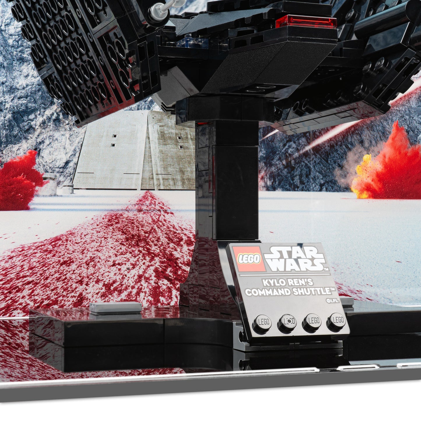 Plaque detail view of LEGO 75406 Kylo Ren's Command Shuttle Display Case with a UV printed background.