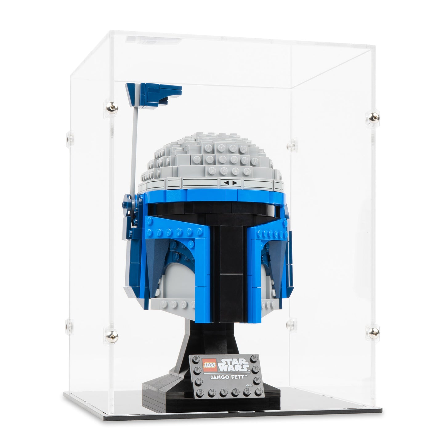 Angled view of LEGO 75408 Jango Fett Helmet Display Case.
