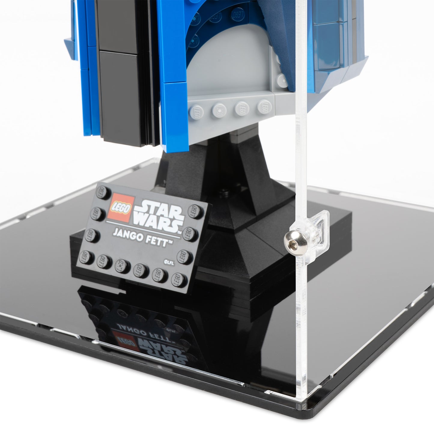 Fitting detail view of LEGO 75408 Jango Fett Helmet Display Case.