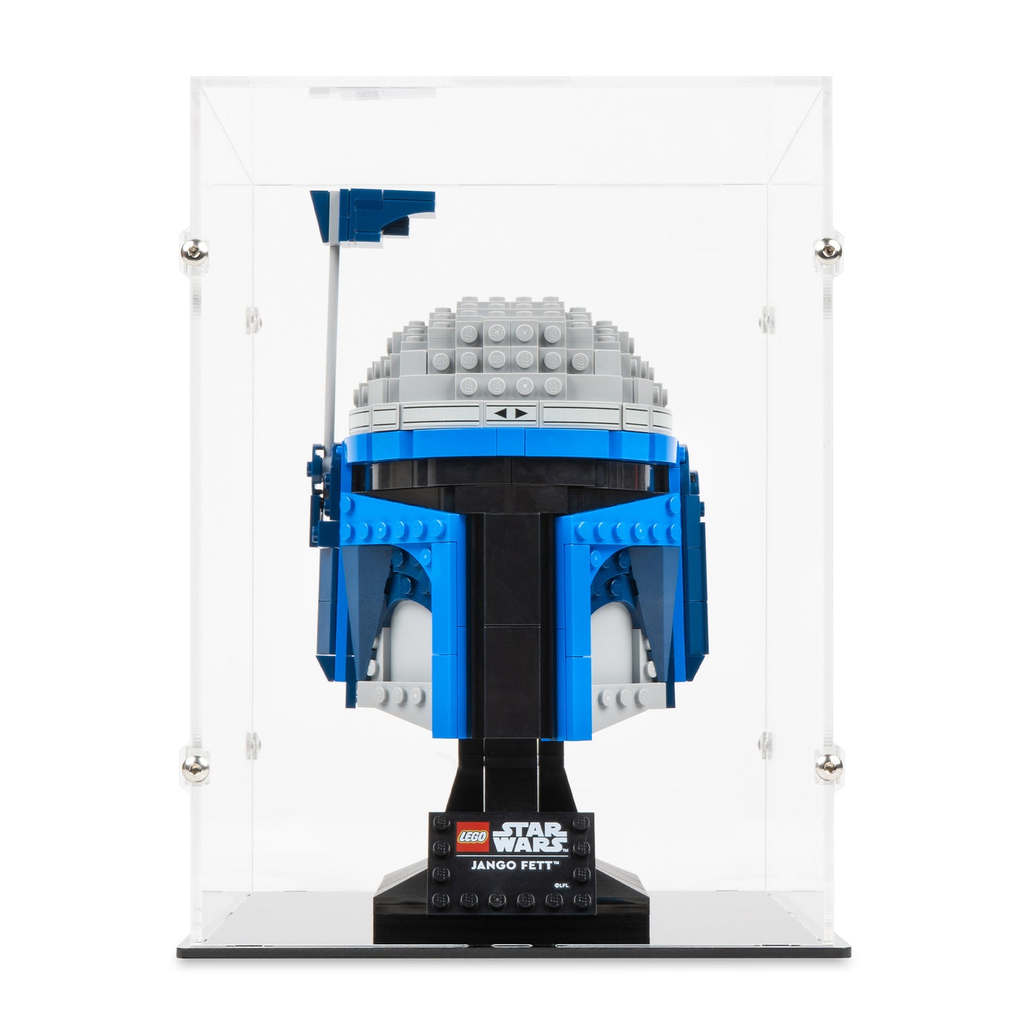 Front view of LEGO 75408 Jango Fett Helmet Display Case.