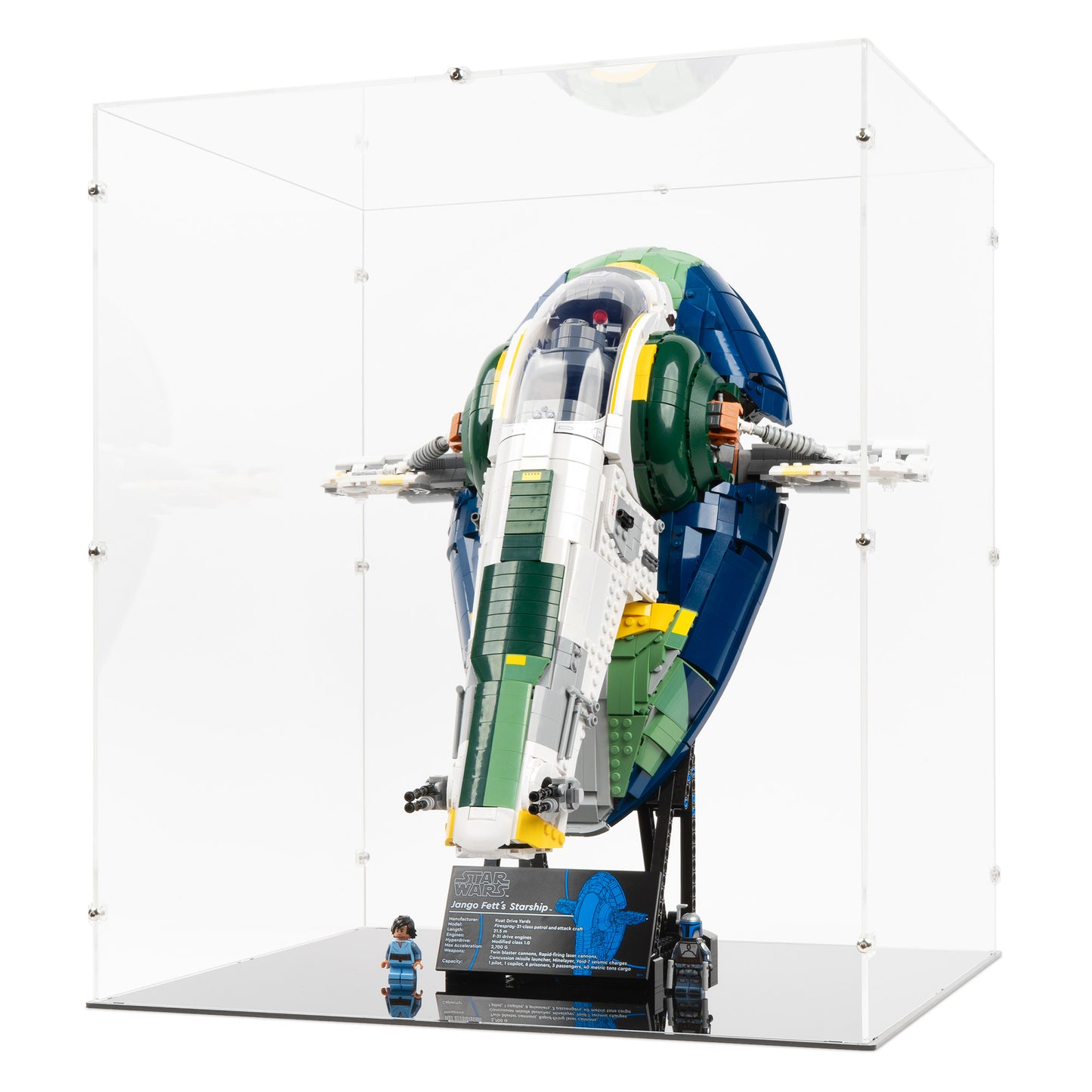 Angled view of LEGO 75409 UCS Jango Fett's Firespray-Class Starship Display Case.