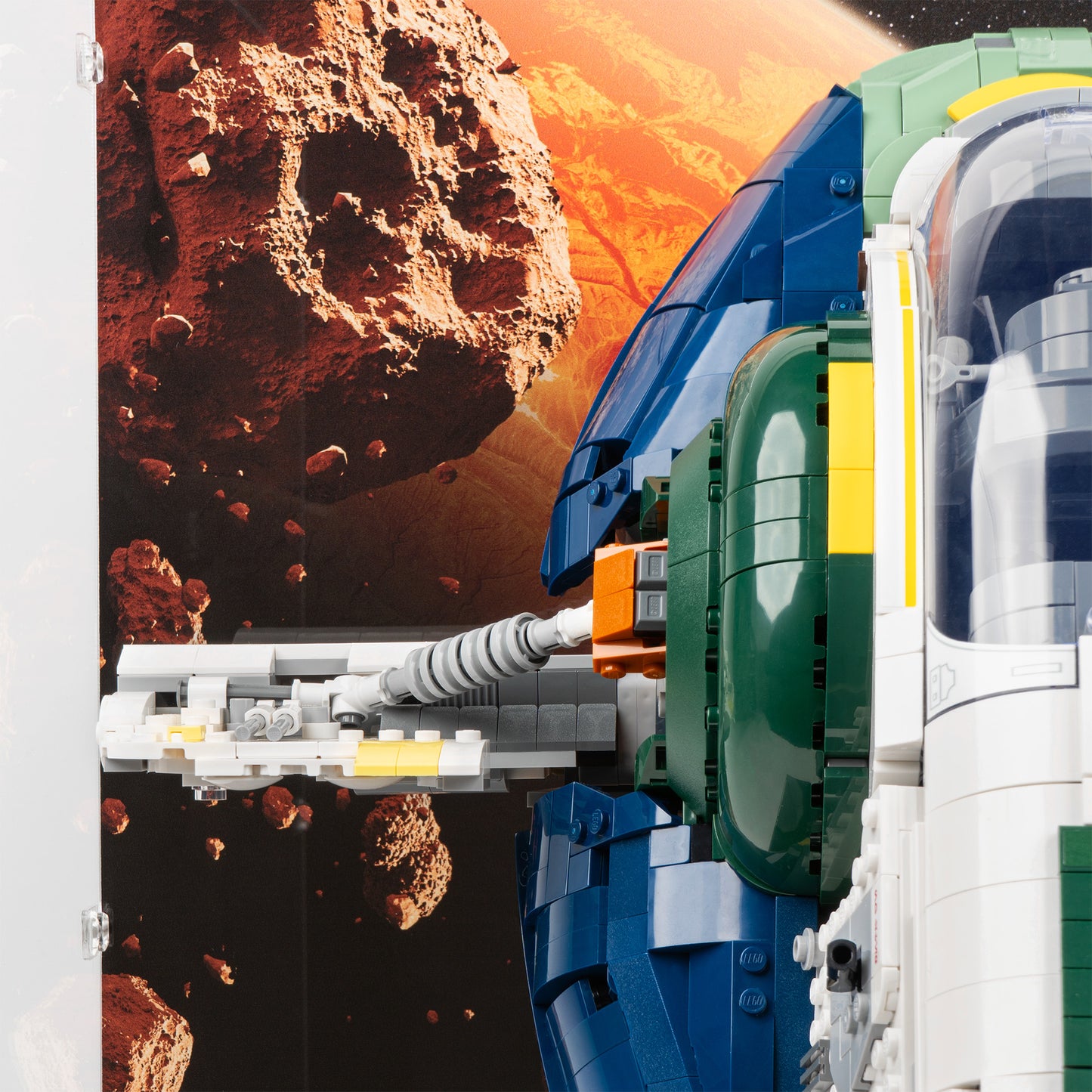 Wing detail view of LEGO 75409 UCS Jango Fett's Firespray-Class Starship Display Case with a UV printed background.