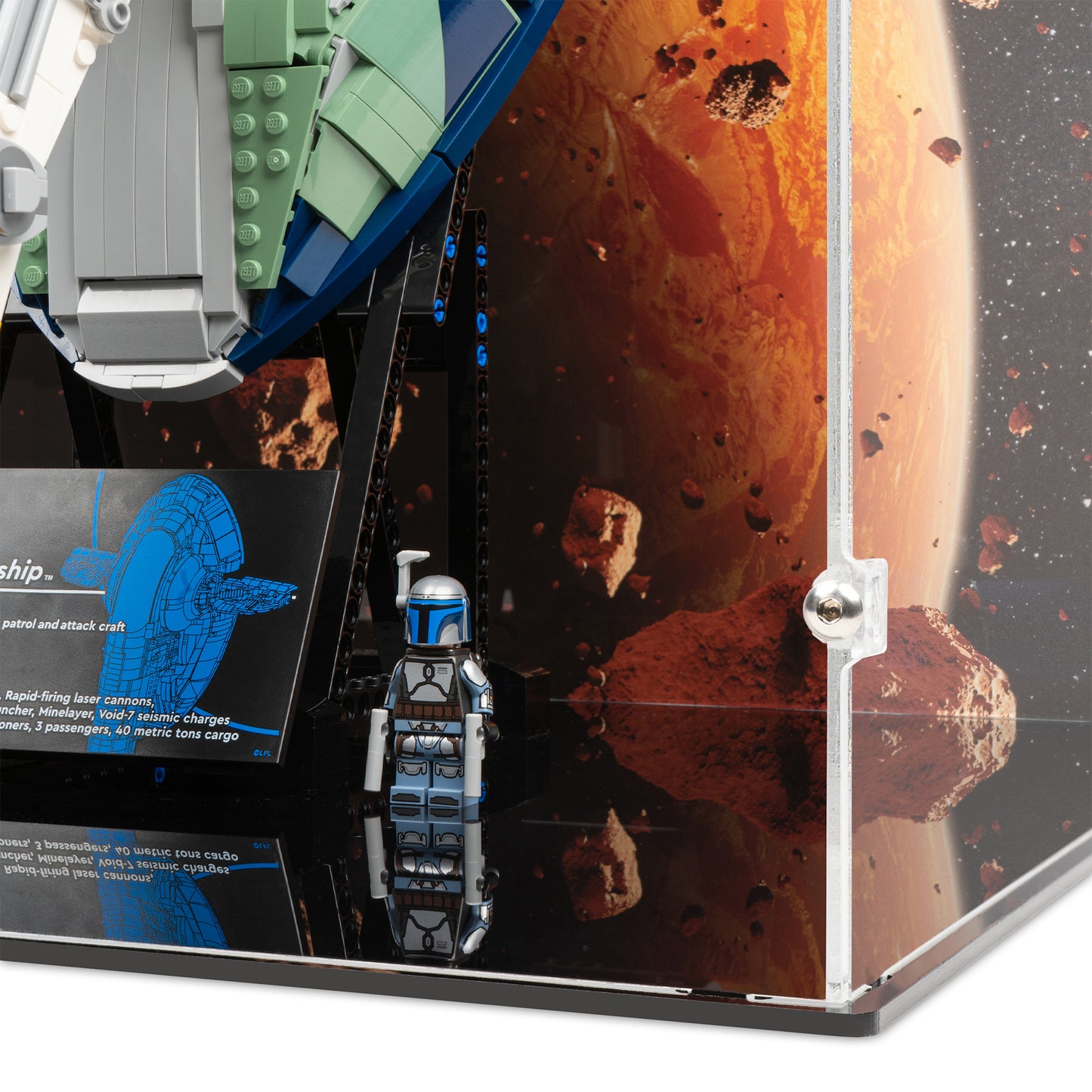 Fitting detail view of LEGO 75409 UCS Jango Fett's Firespray-Class Starship Display Case with a UV printed background.