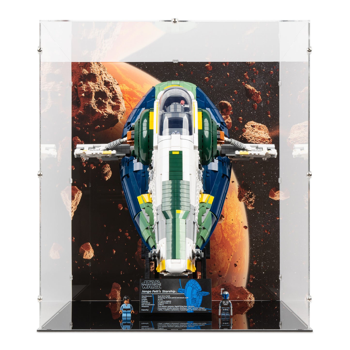 Front view of LEGO 75409 UCS Jango Fett's Firespray-Class Starship Display Case with a UV printed background.