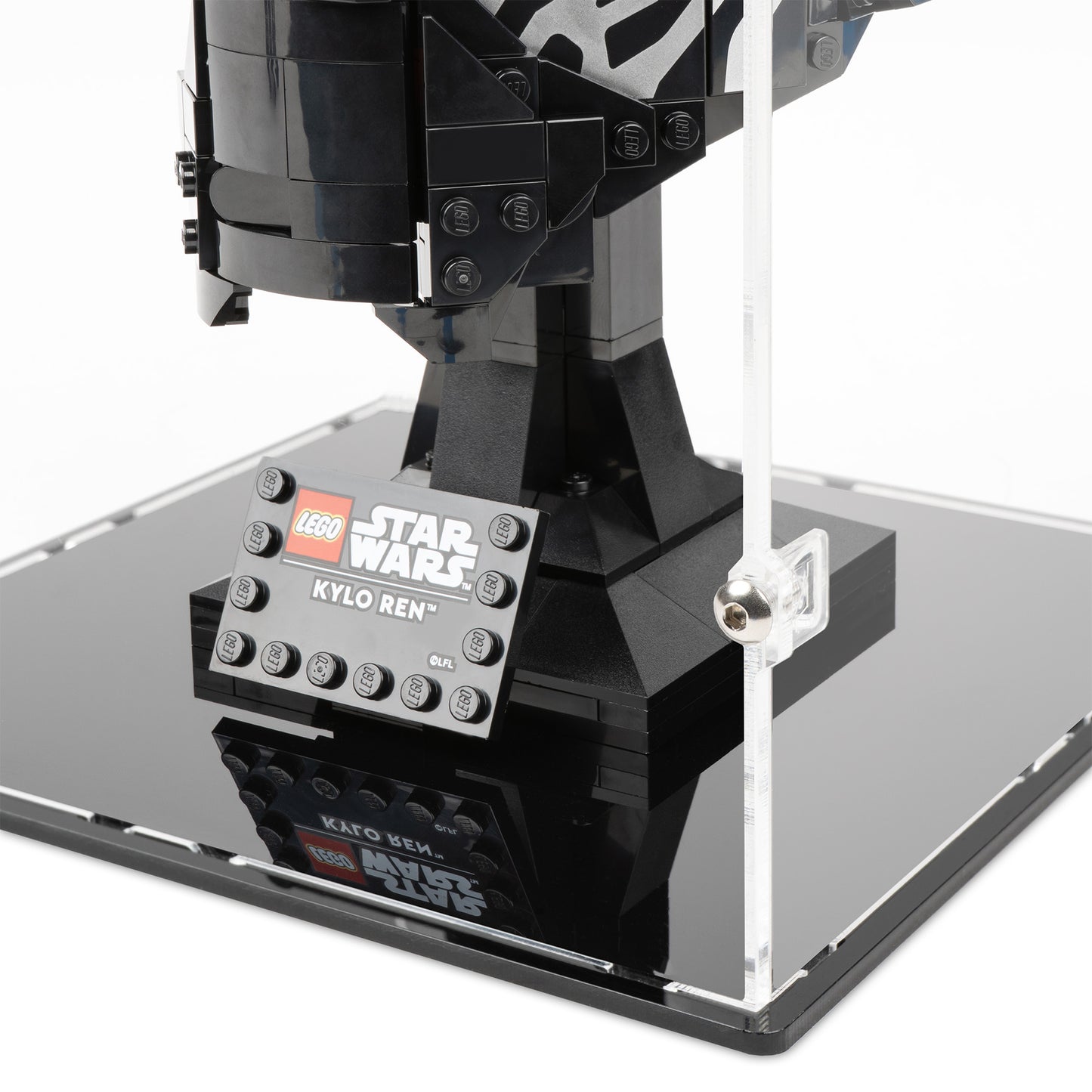 Fitting detail view of LEGO 75415 Kylo Ren Helmet Display Case.
