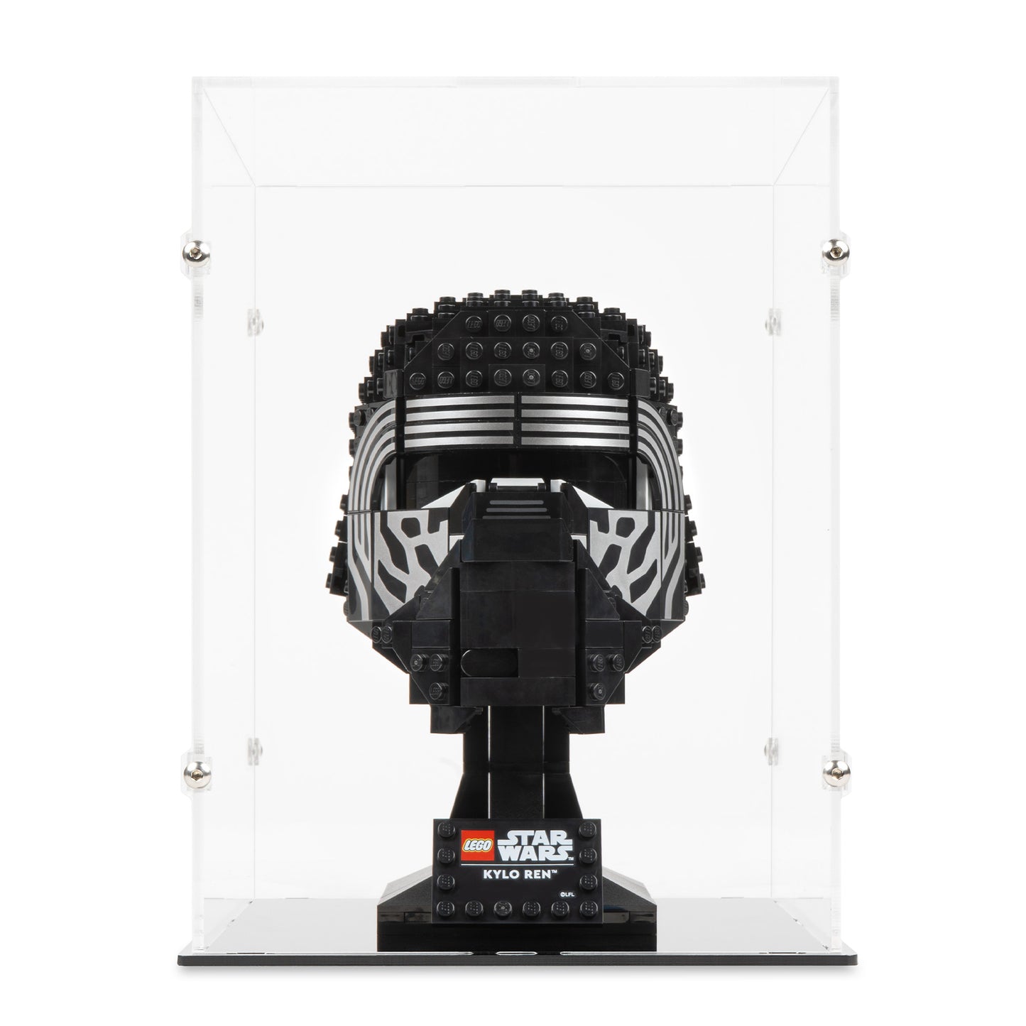 Front view of LEGO 75415 Kylo Ren Helmet Display Case.