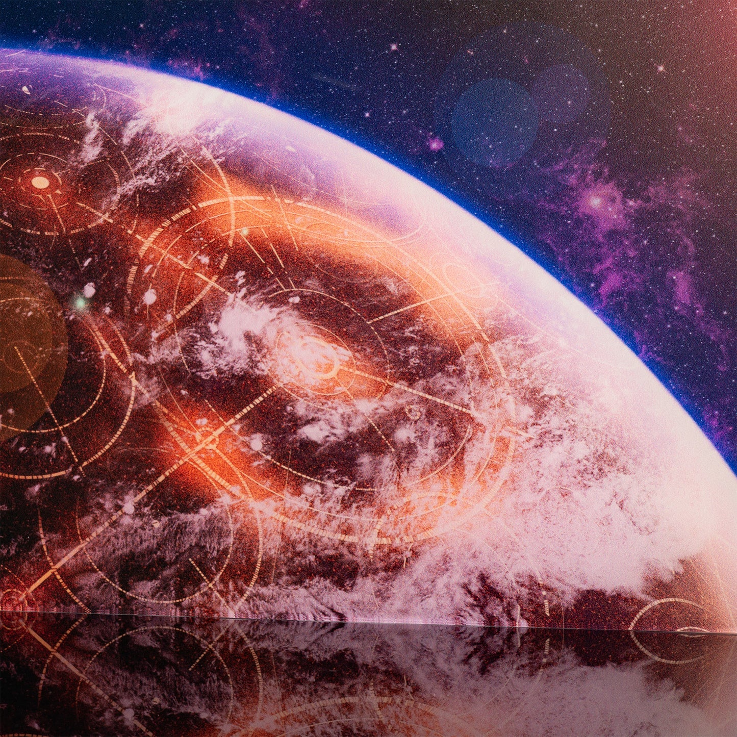 Coruscant detail view of LEGO 75441 Venator-Class Attack Cruiser Display Case with a UV printed background.