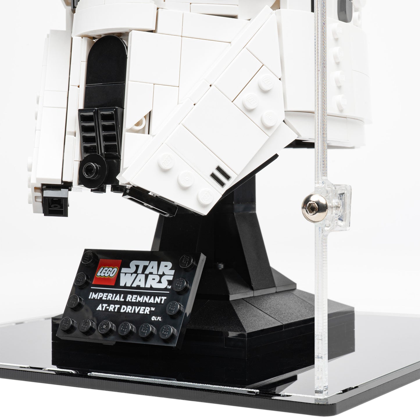 Plaque detail view of LEGO 75458 Imperial Remnant AT-RT Driver Helmet Display Case.