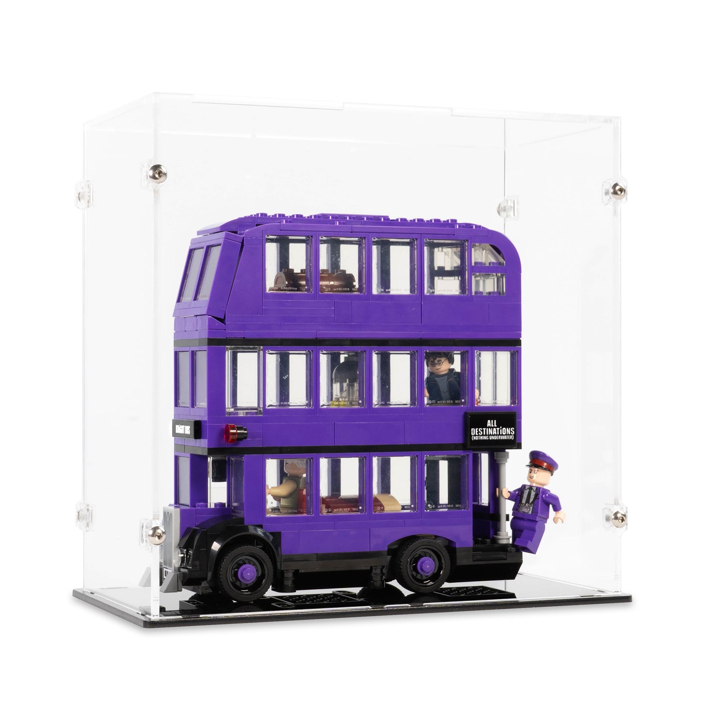 Angled view of LEGO 75957 The Knight Bus Display Case.