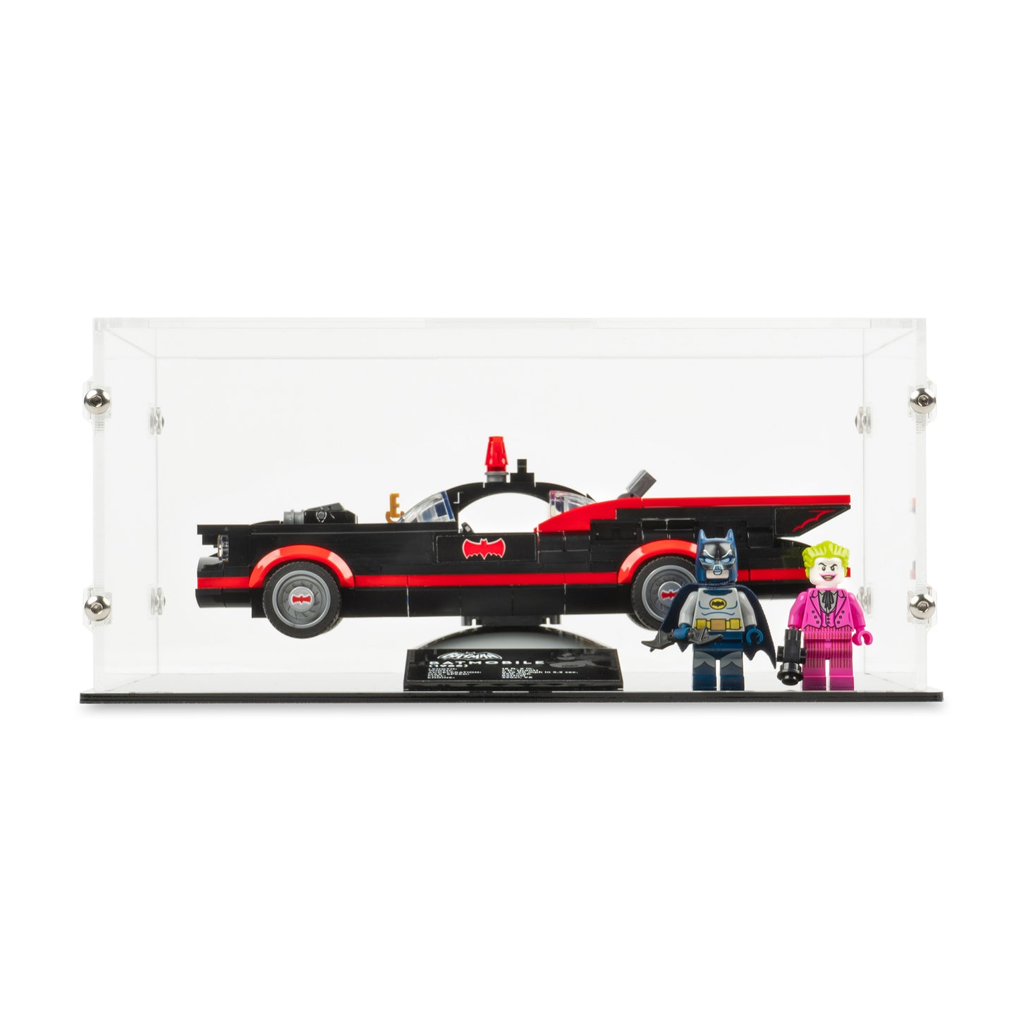 Front view of LEGO 76188 Batman Classic TV Series Batmobile Display Case.