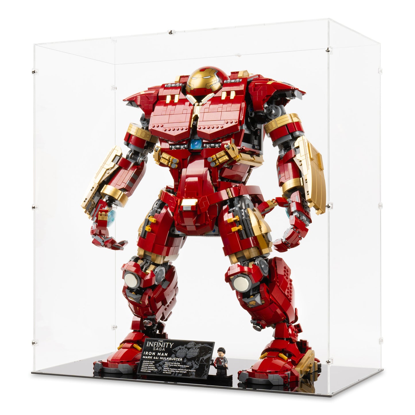 Angled view of LEGO 76210 Hulkbuster Display Case.