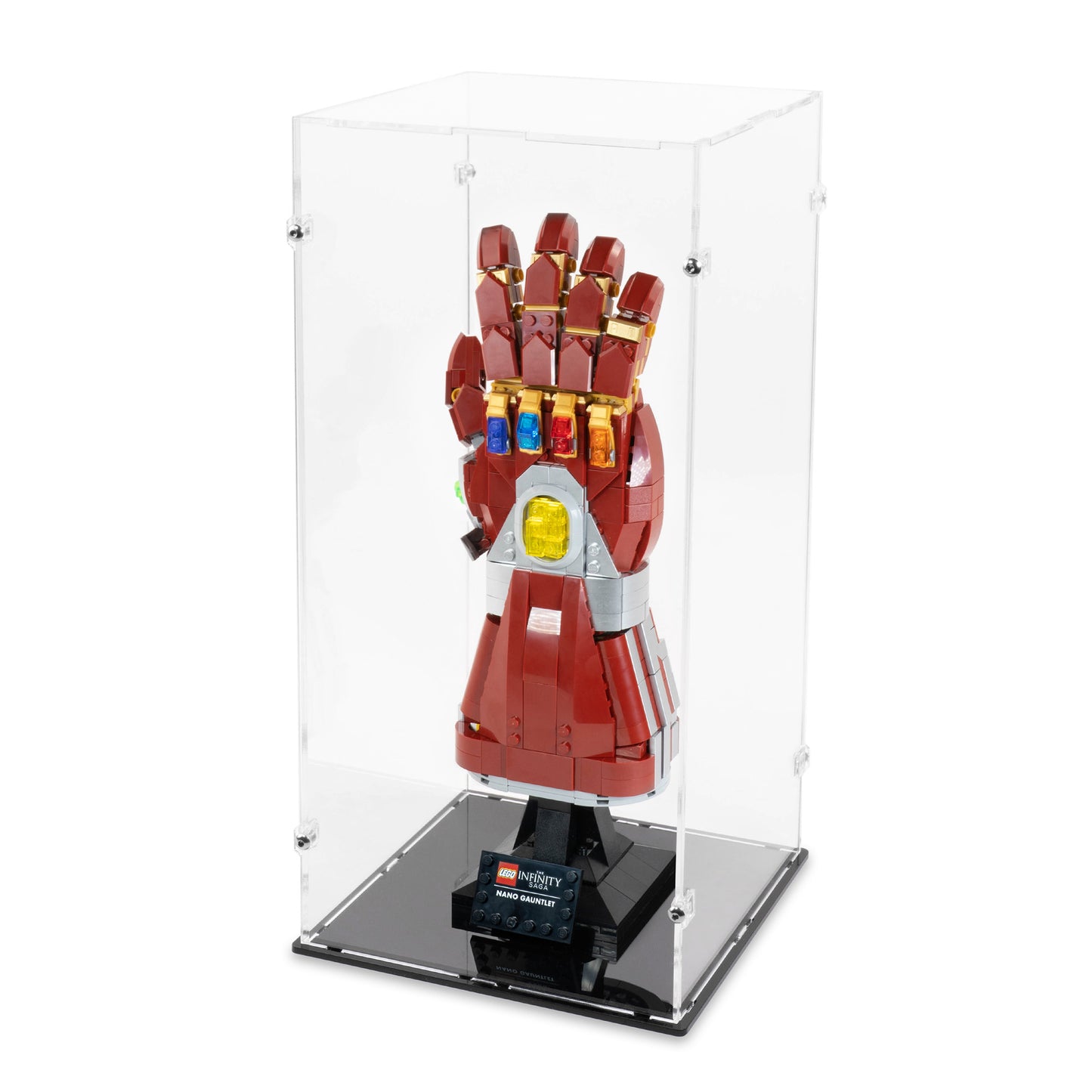 Angled top view of LEGO 76223 Nano Gauntlet Display Case.