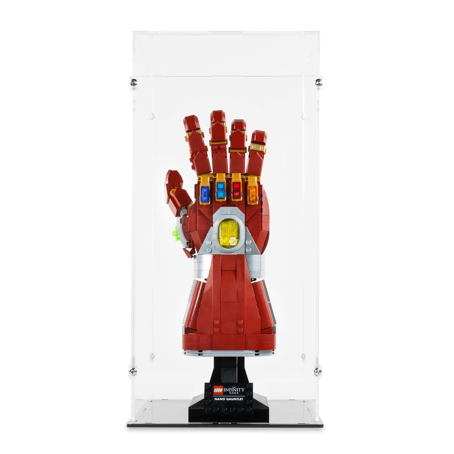 Front view of LEGO 76223 Nano Gauntlet Display Case.
