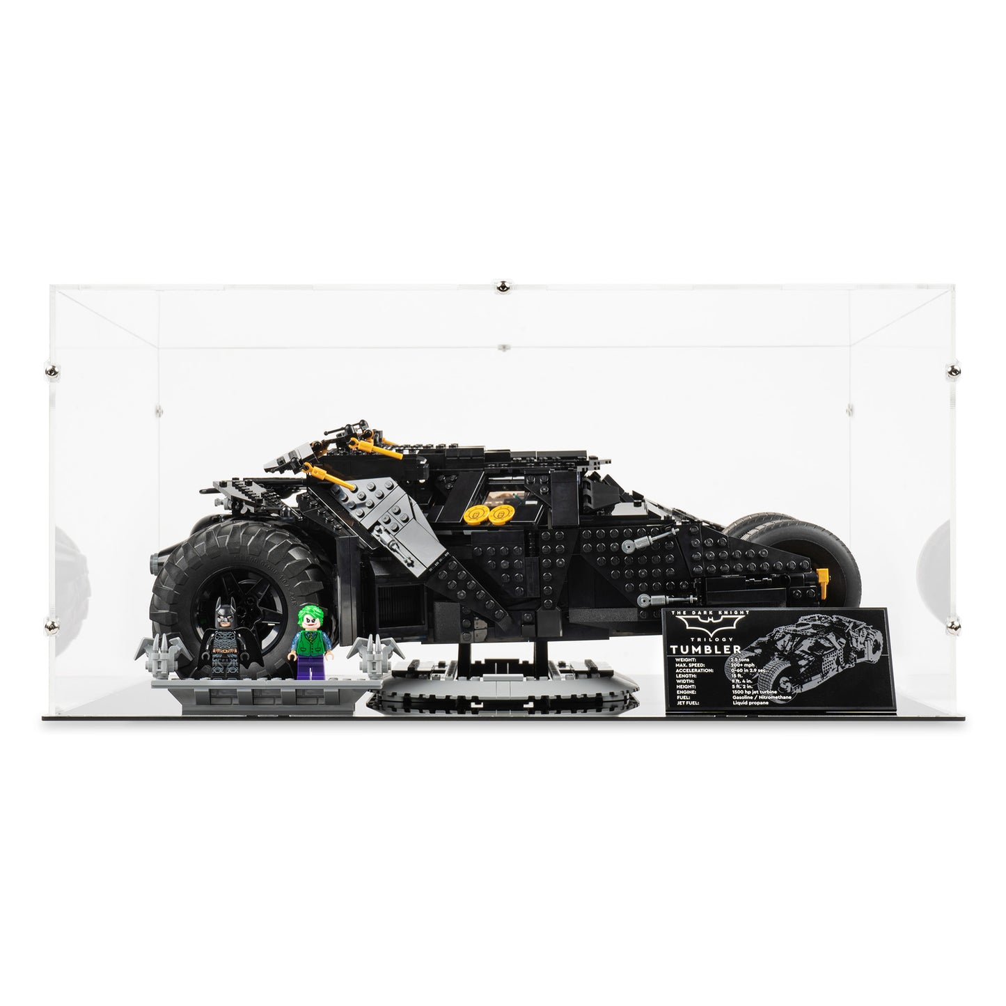 Front view of LEGO 76240 Batmobile Tumbler Display Case.