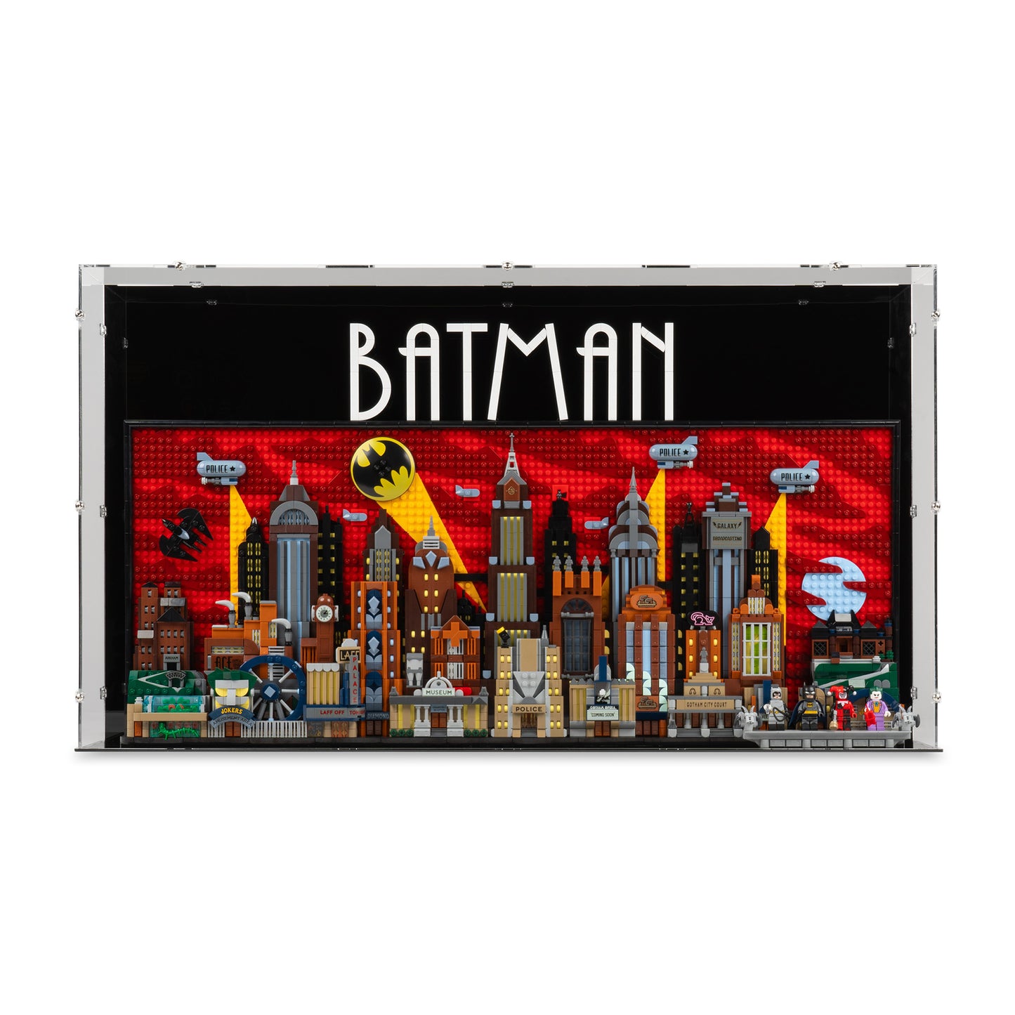 Front view of LEGO 76271 Batman The Animated Series Gotham City Display Case.