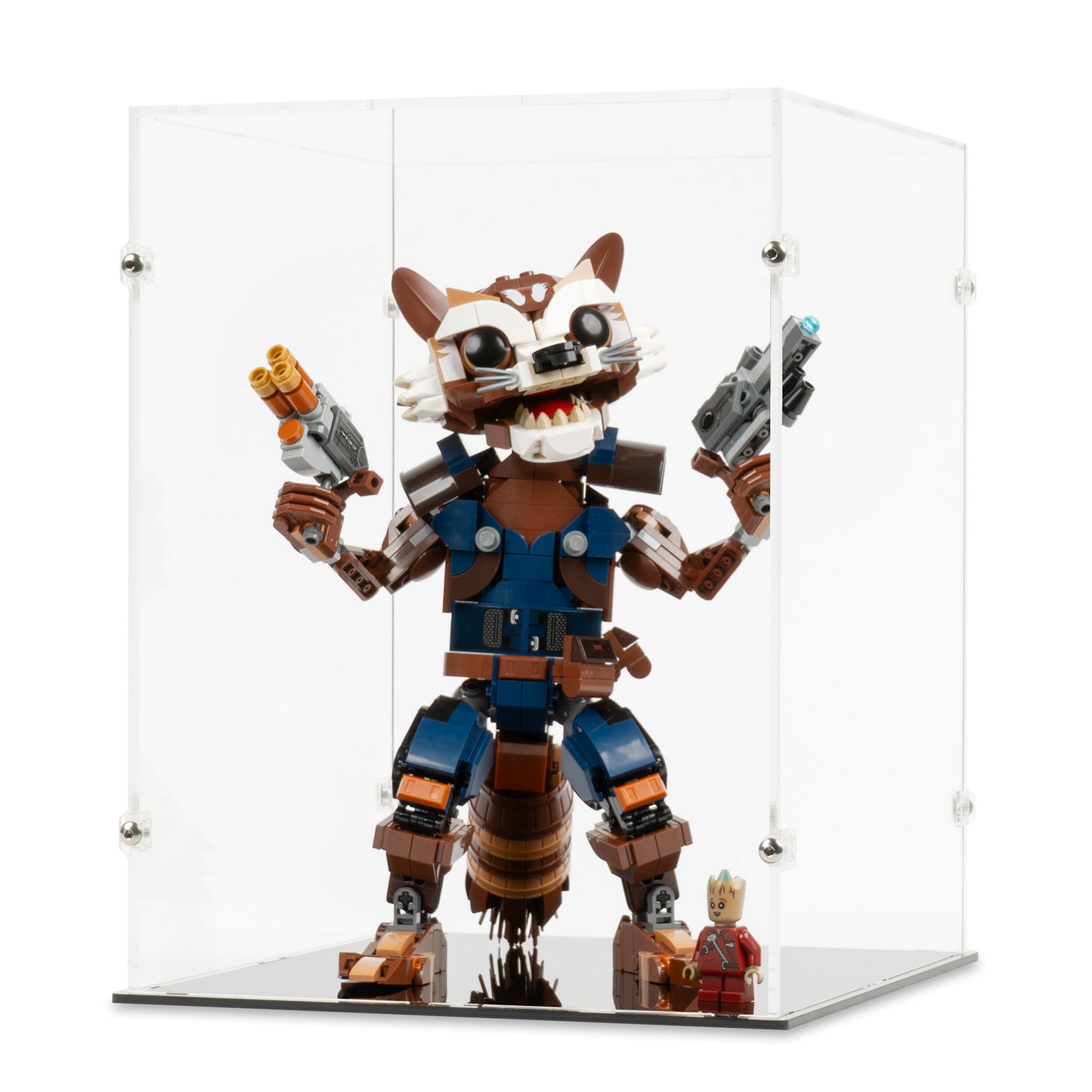 Angled view of LEGO 76282 Rocket and Baby Groot Display Case.