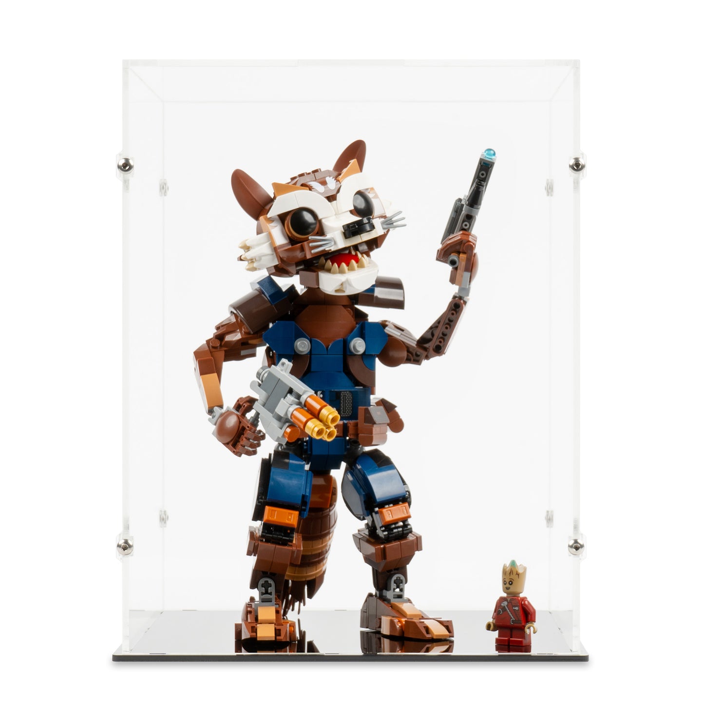 Front view of LEGO 76282 Rocket and Baby Groot Display Case.