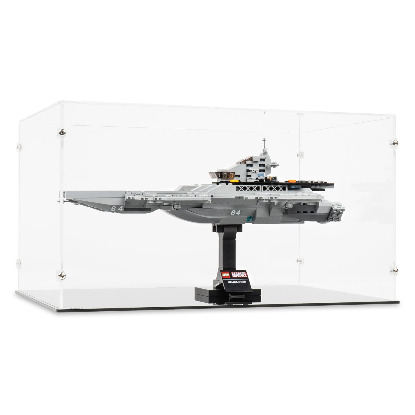 Angled view of LEGO 76295 The Avengers Helicarrier Display Case.
