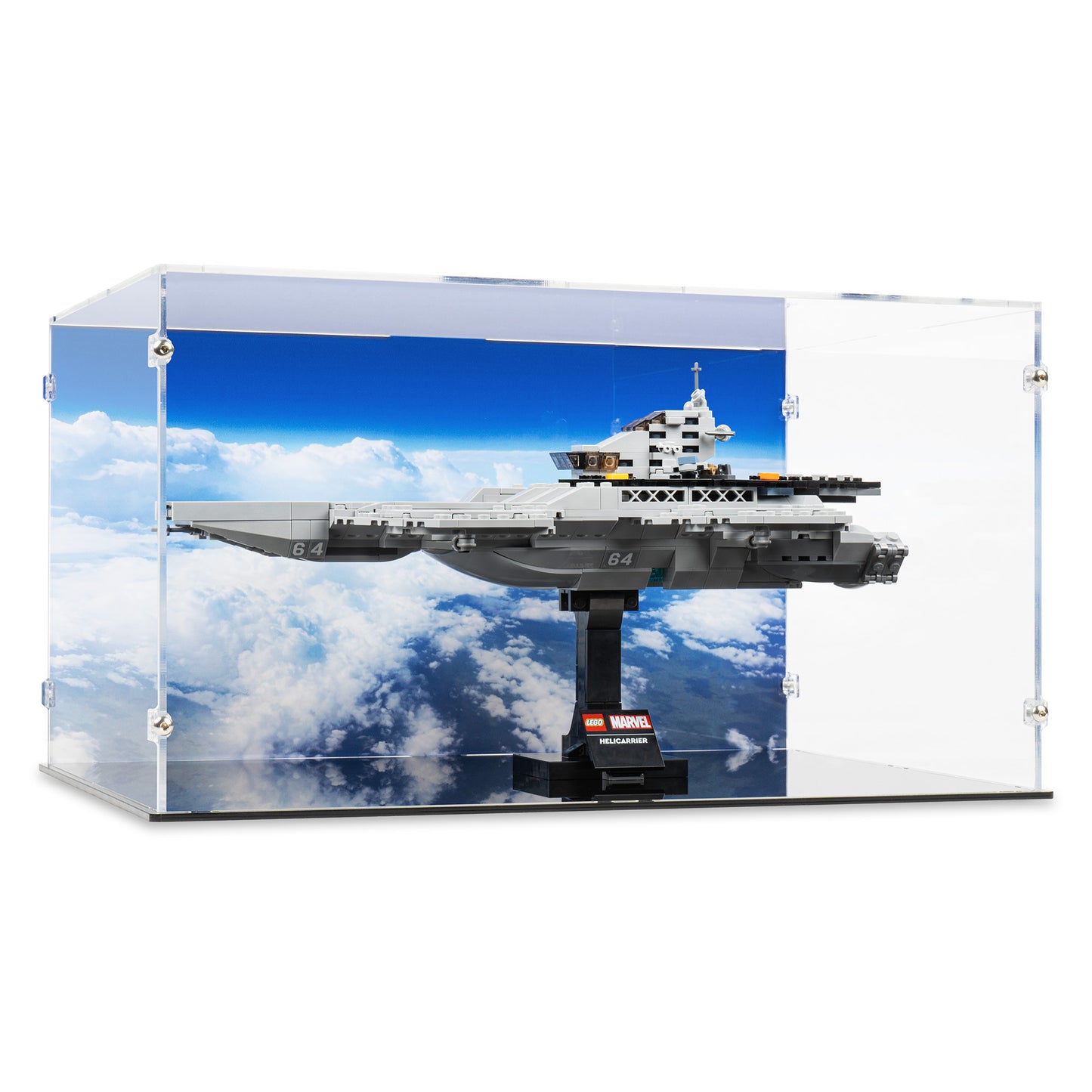 Angled view of LEGO 76295 The Avengers Helicarrier Display Case with a UV printed background.