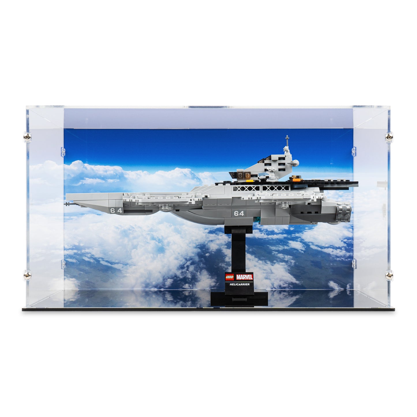 Front view of LEGO 76295 The Avengers Helicarrier Display Case with a UV printed background.