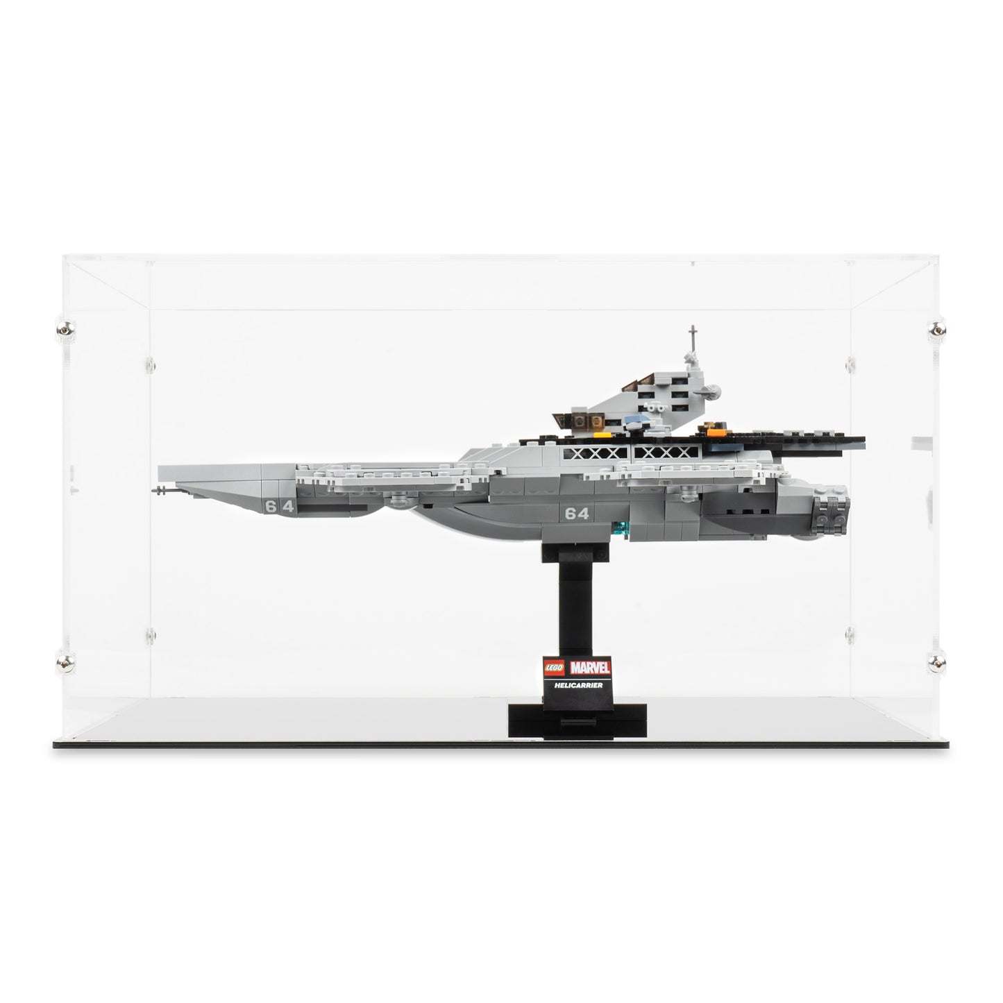 Front view of LEGO 76295 The Avengers Helicarrier Display Case.