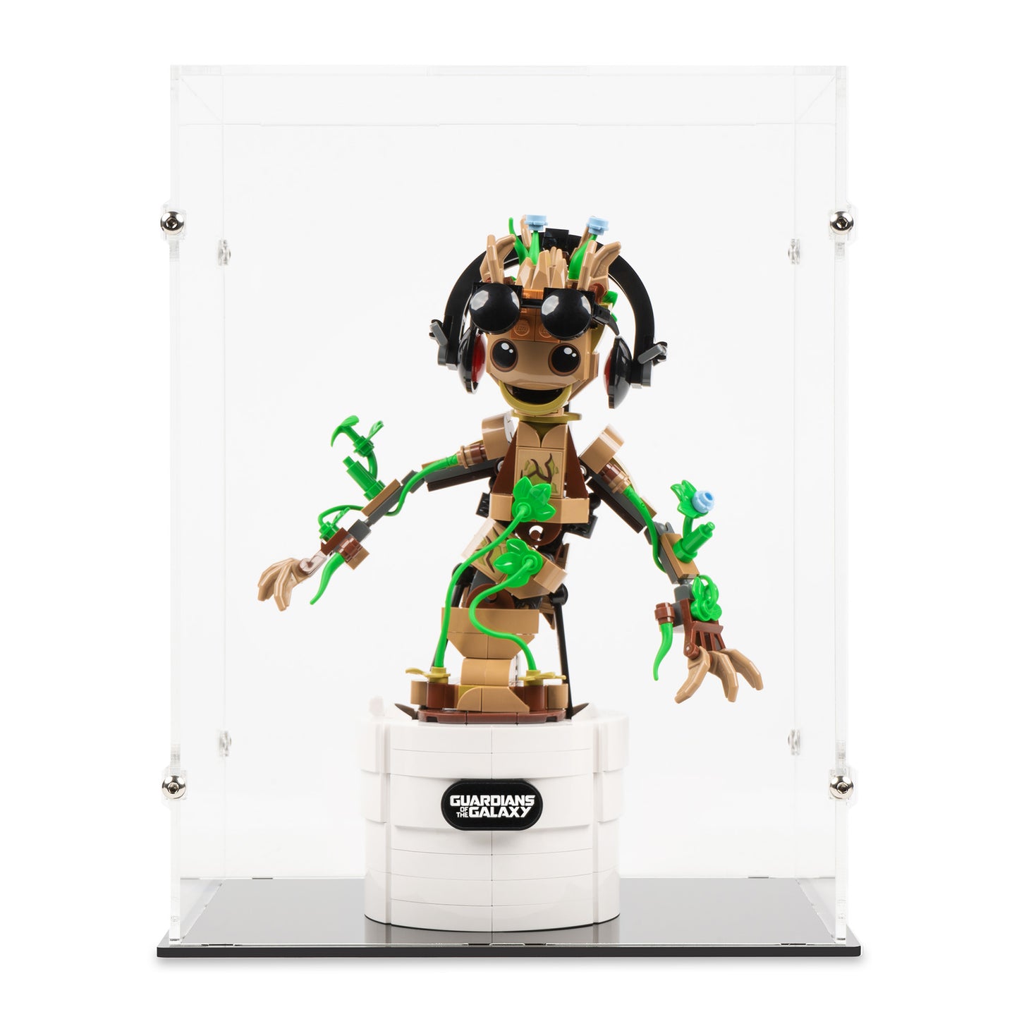 Front view of LEGO 76297 Dancing Groot Display Case.