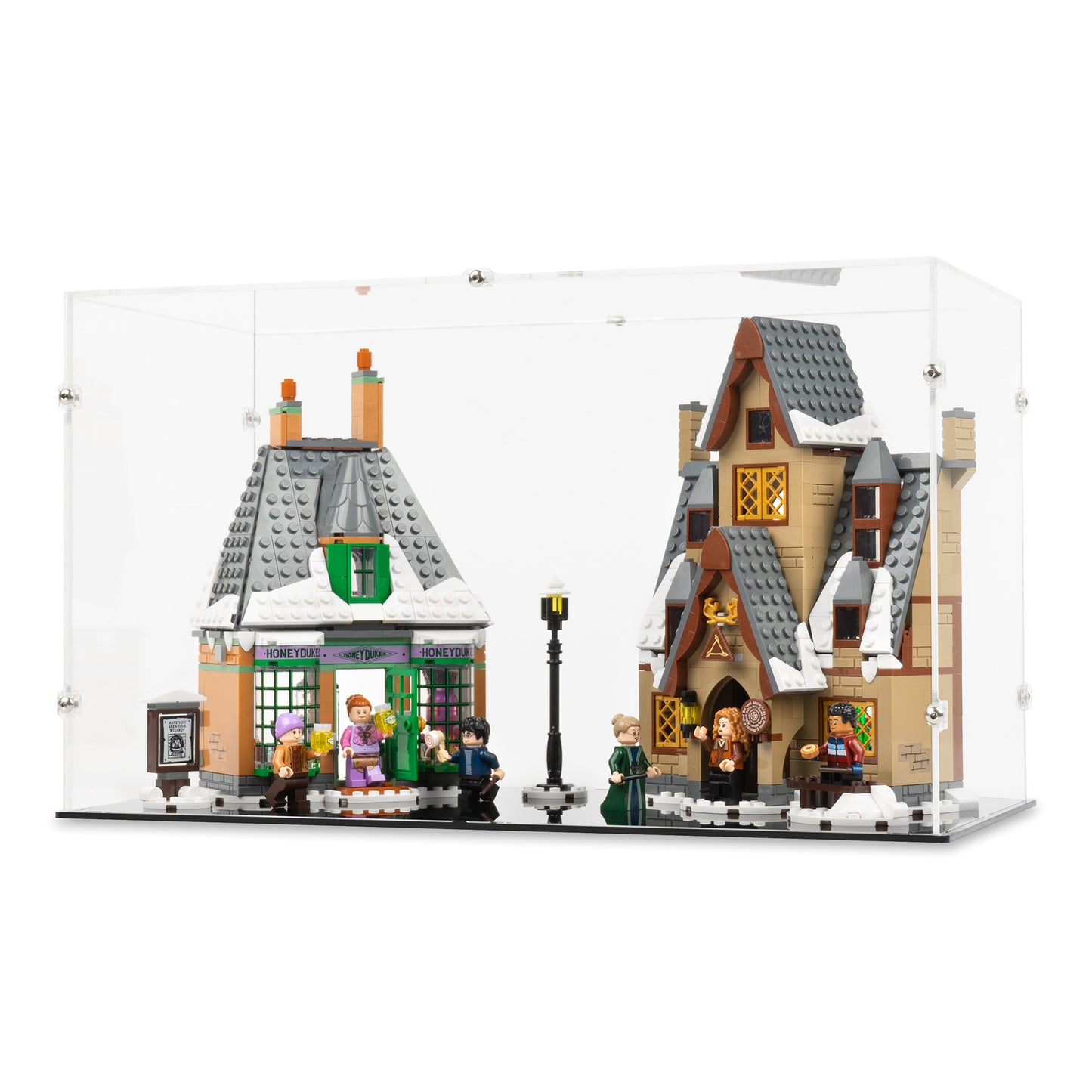 Angled view of LEGO 76388 Hogsmeade Village Visit Display Case with a black base.