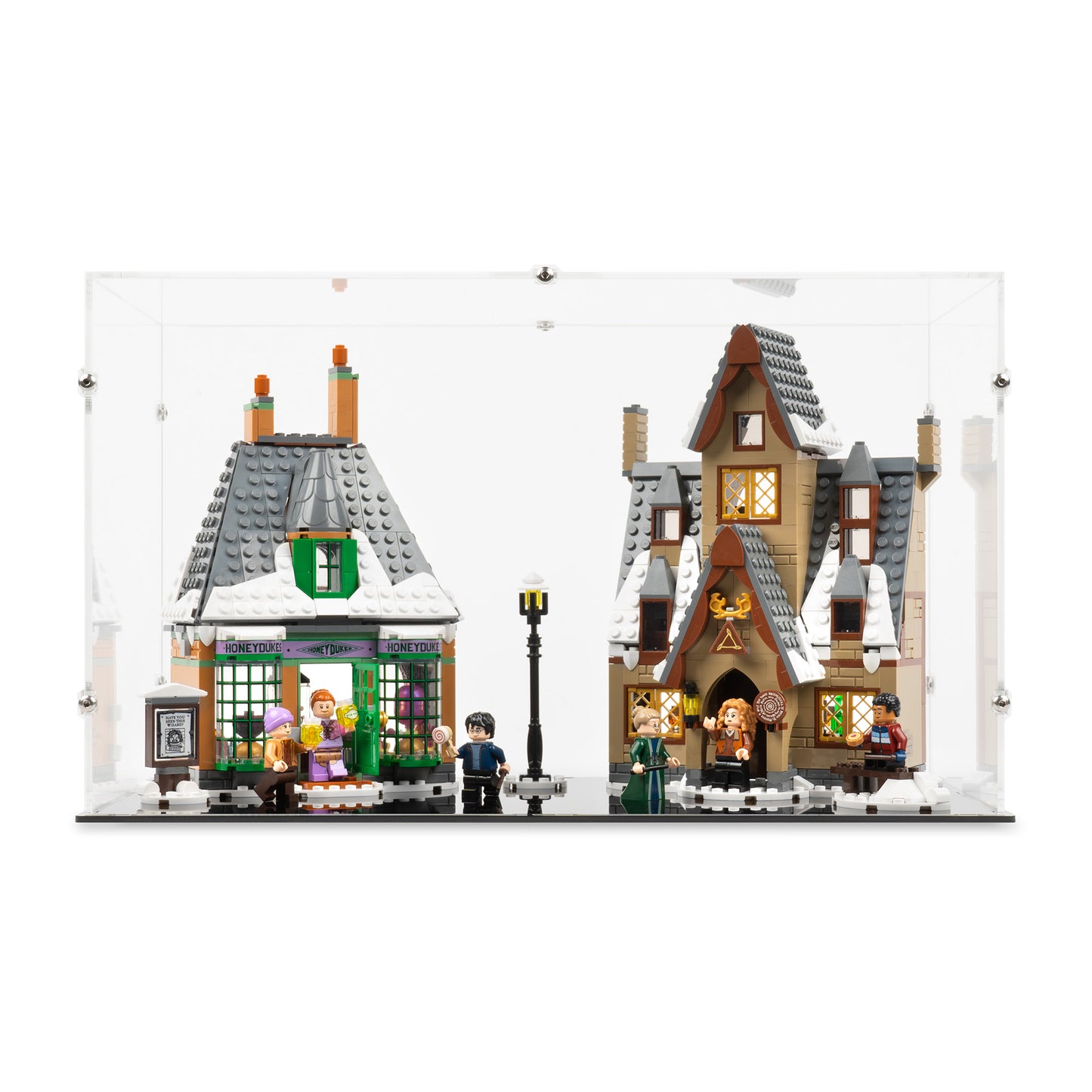 Front view of LEGO 76388 Hogsmeade Village Visit Display Case with a black base.