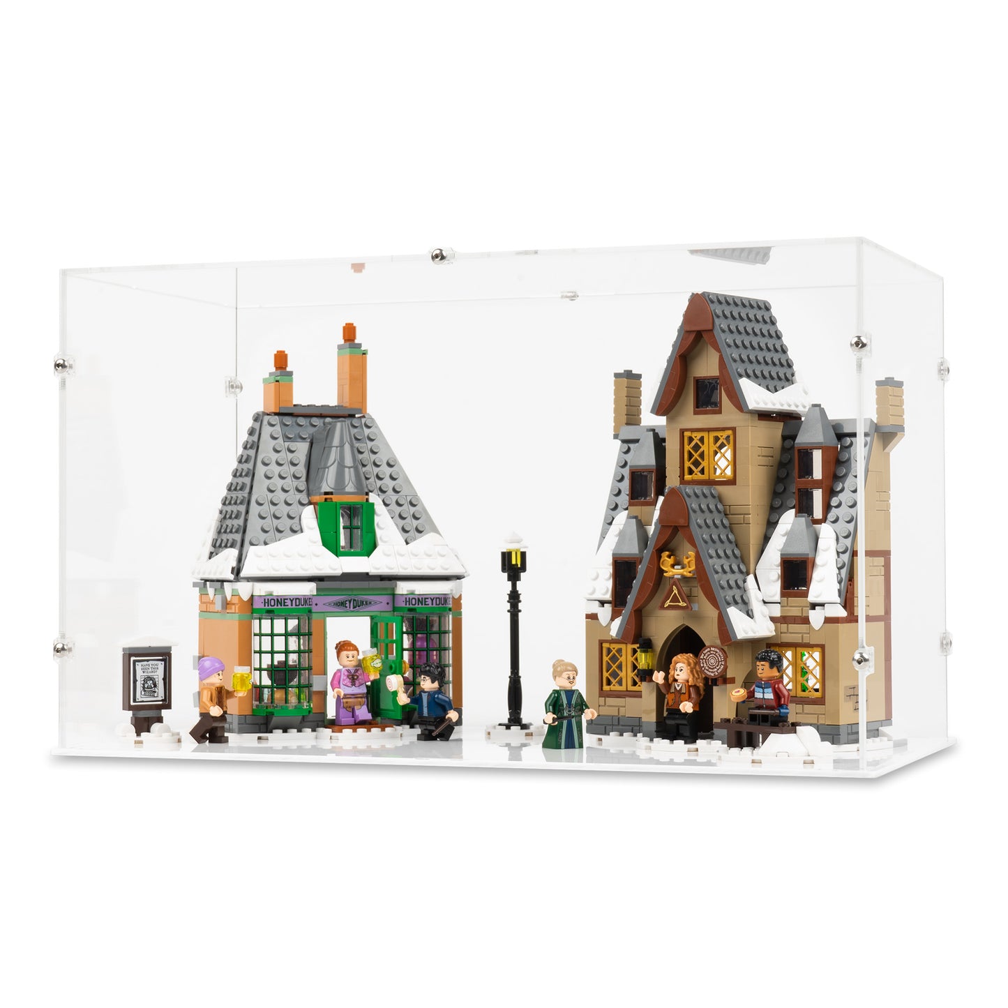 Angled view of LEGO 76388 Hogsmeade Village Visit Display Case with a white base.