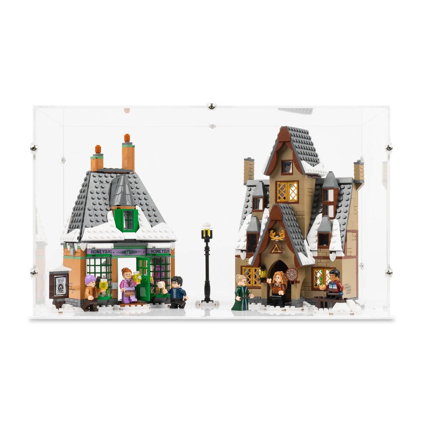 Front view of LEGO 76388 Hogsmeade Village Visit Display Case with a white base.