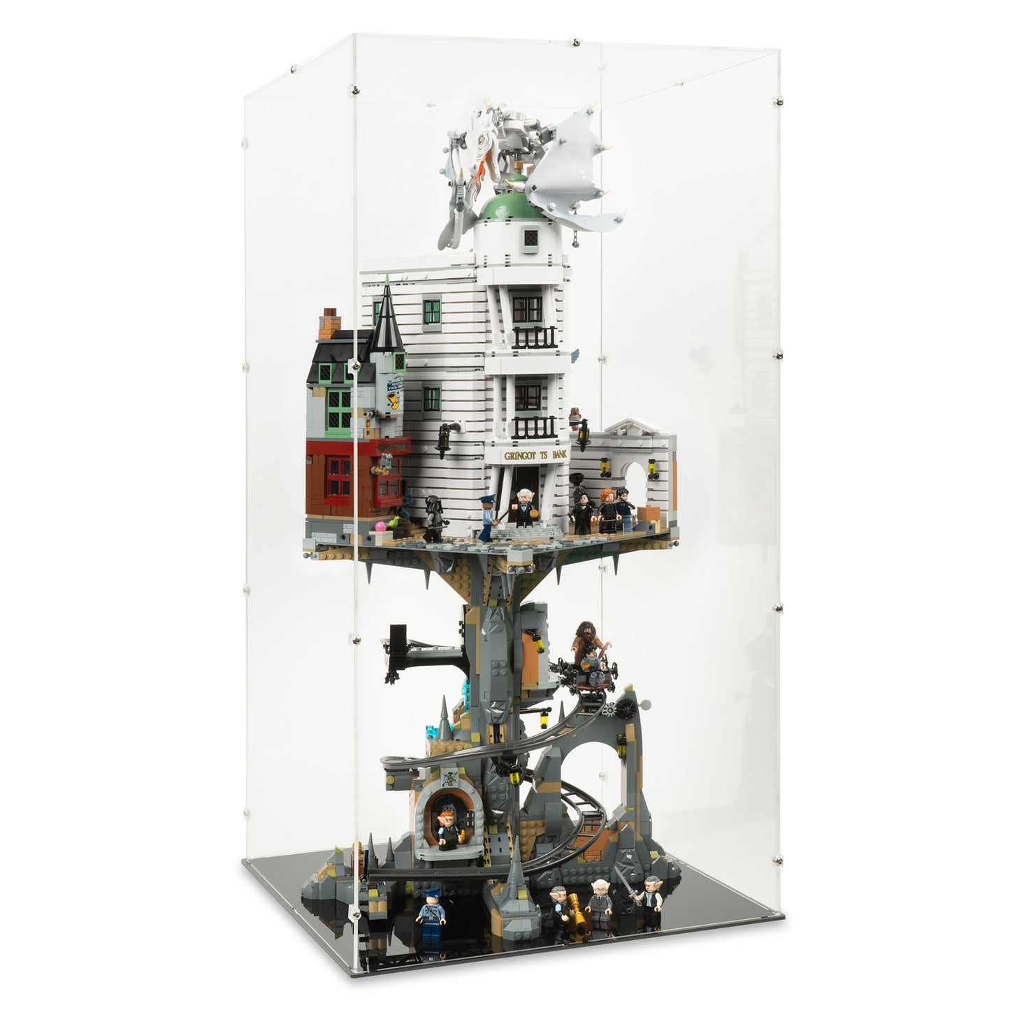 Angled view of LEGO 76417 Gringotts Wizarding Bank Collectors' Edition Display Case.