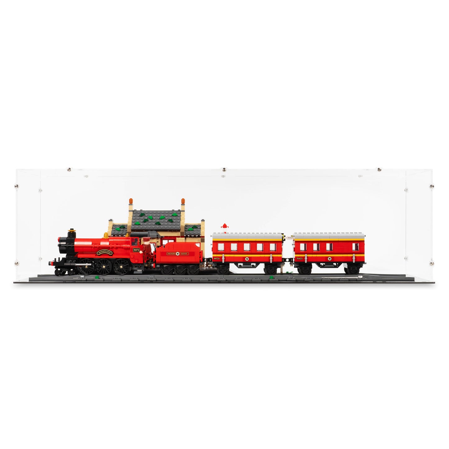Front view of LEGO 76423 Hogwarts Express Train Set with Hogsmeade Station Display Case.