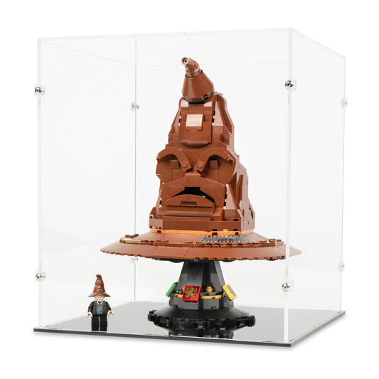 Angled view of LEGO 76429 Talking Sorting Hat Display Case.