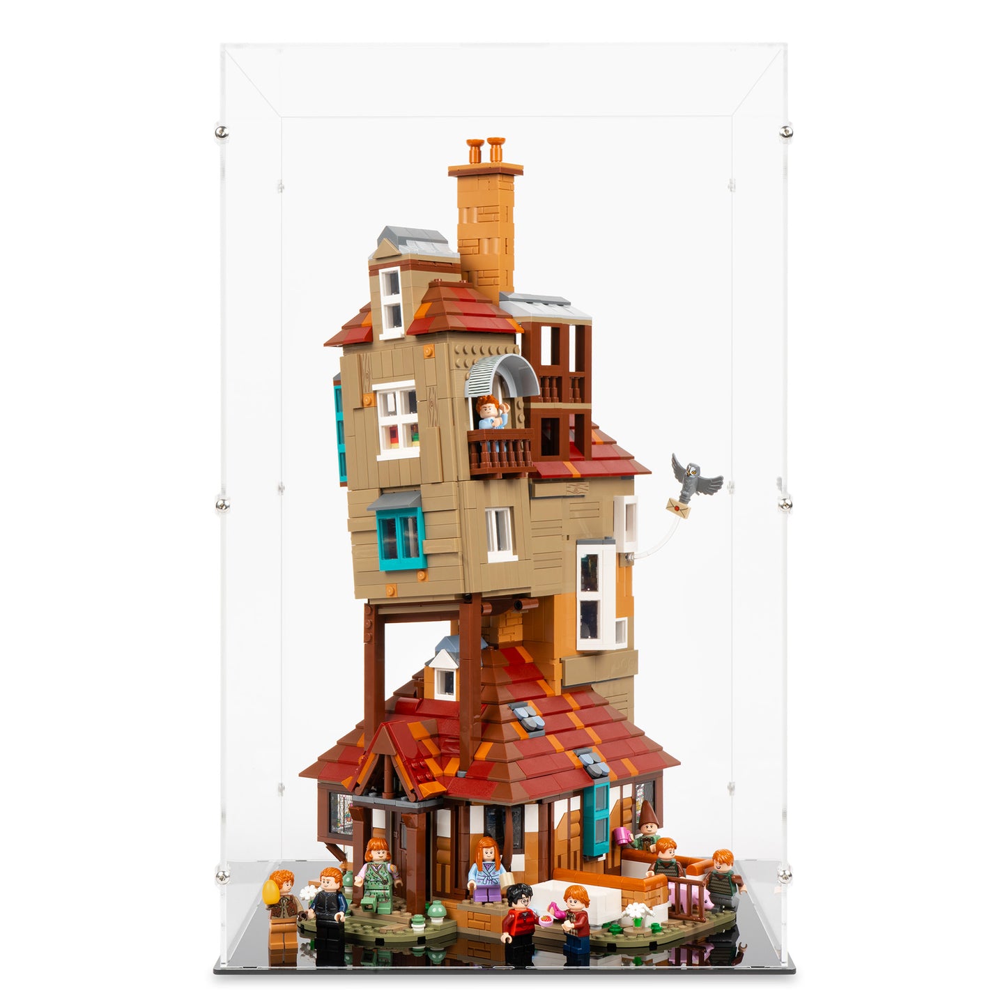 Front view of LEGO 76437 The Burrow – Collectors' Edition Display Case.