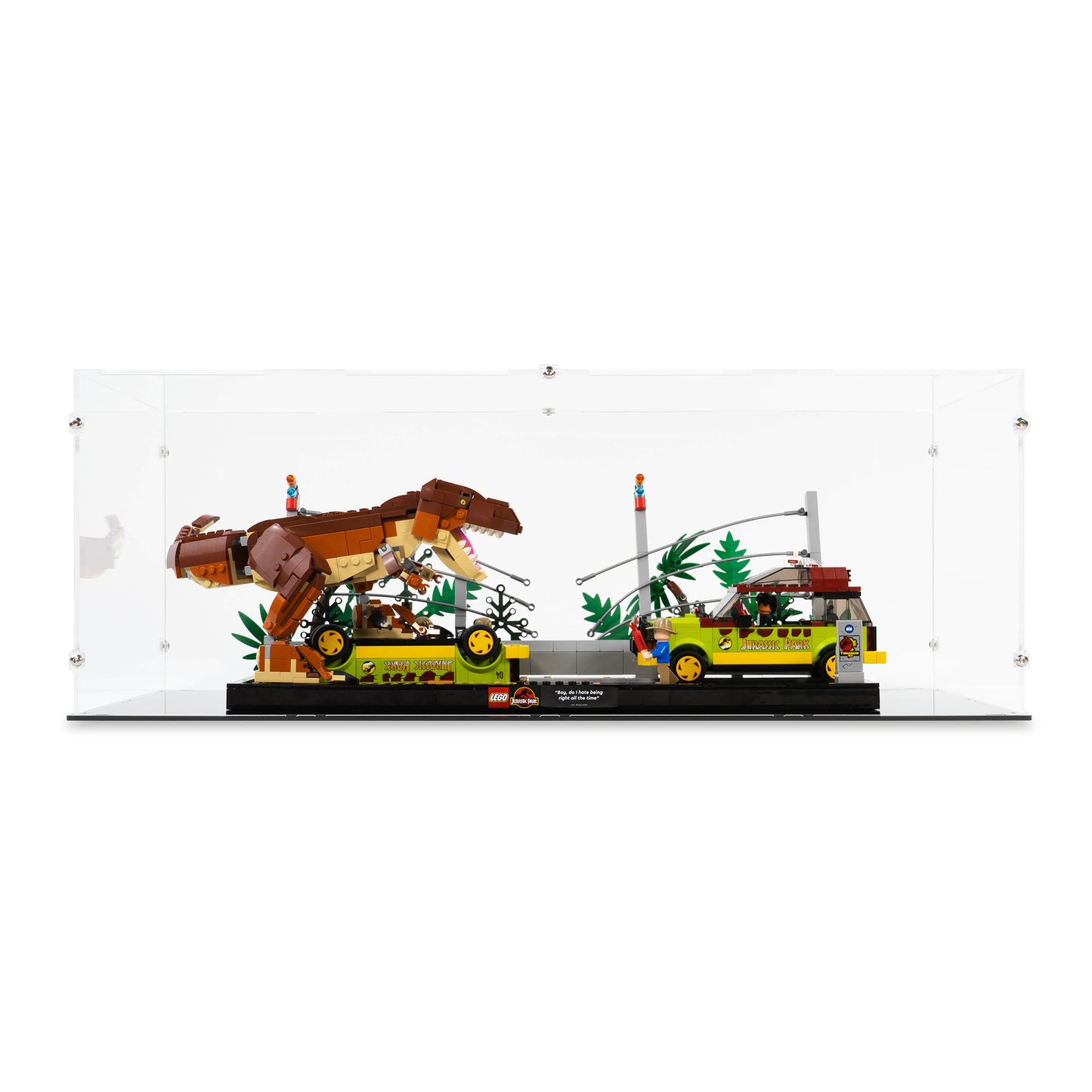 Front view of LEGO 76956 T. rex Breakout Display Case.