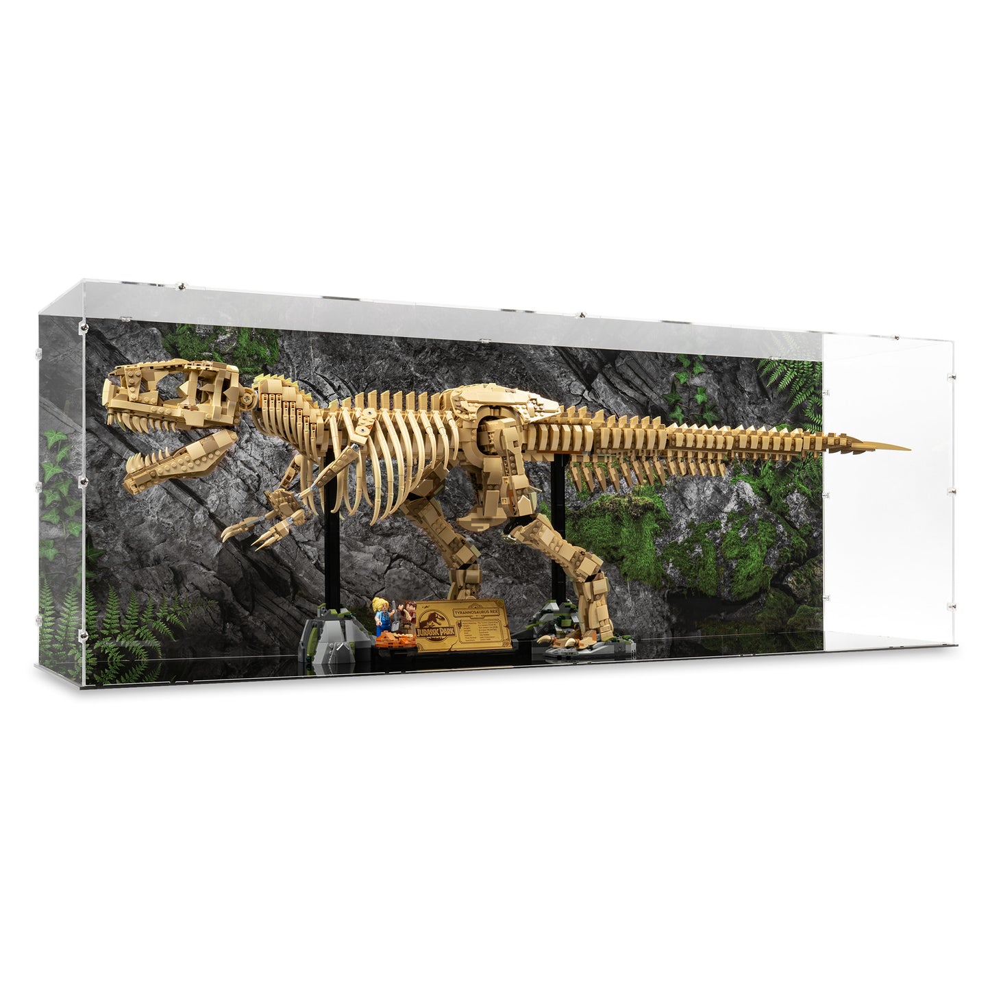 Angled view of LEGO 76968 Dinosaur Fossils Tyrannosaurus rex Display Case with a UV printed background.