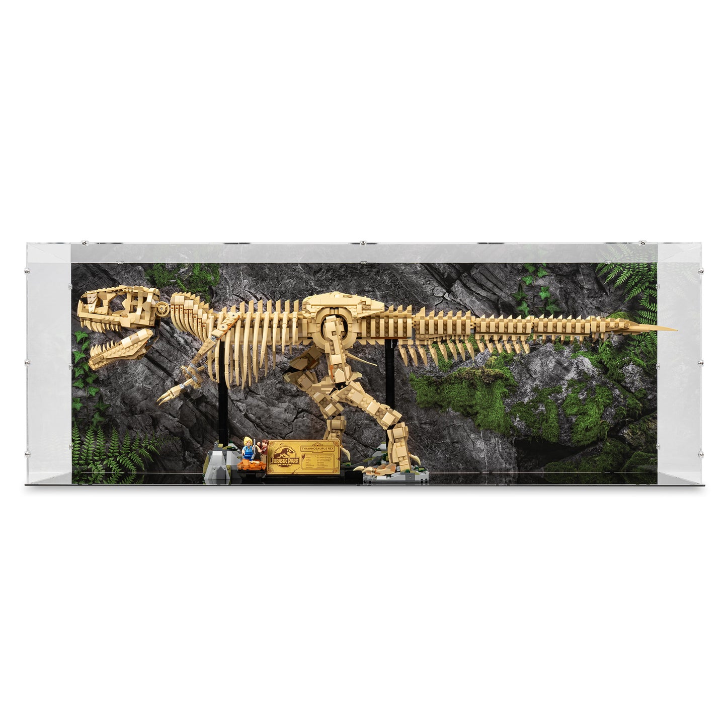 Front view of LEGO 76968 Dinosaur Fossils Tyrannosaurus rex Display Case with a UV printed background.