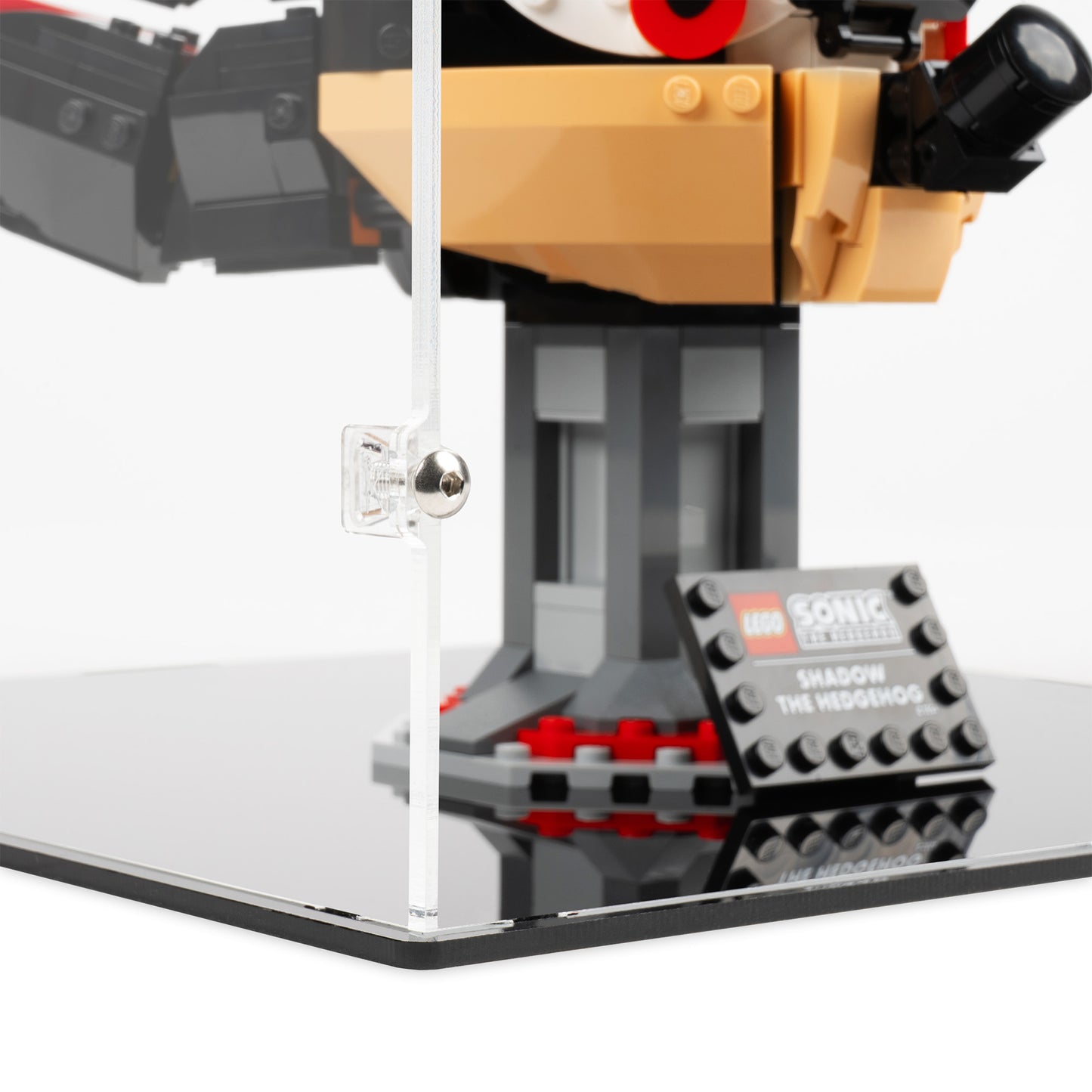 Fitting detail view of LEGO 77000 Shadow the Hedgehog Display Case.