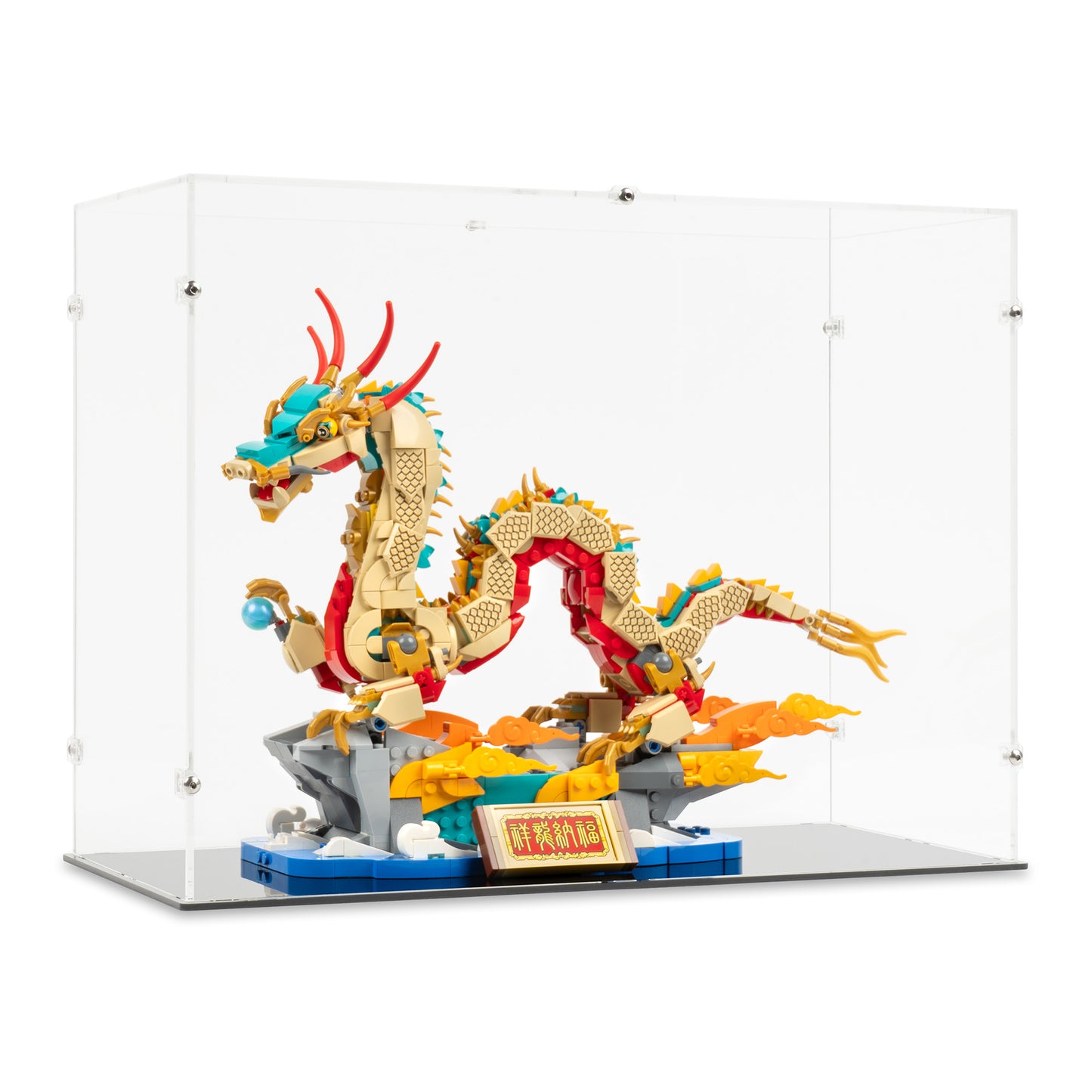 Angled view of LEGO 80112 Auspicious Dragon Display Case.