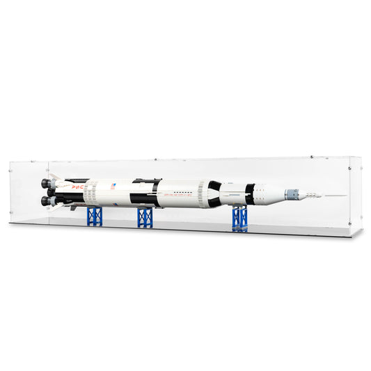 Angled view of LEGO 92176/21309 NASA Apollo Saturn V Horizontal Display Case.